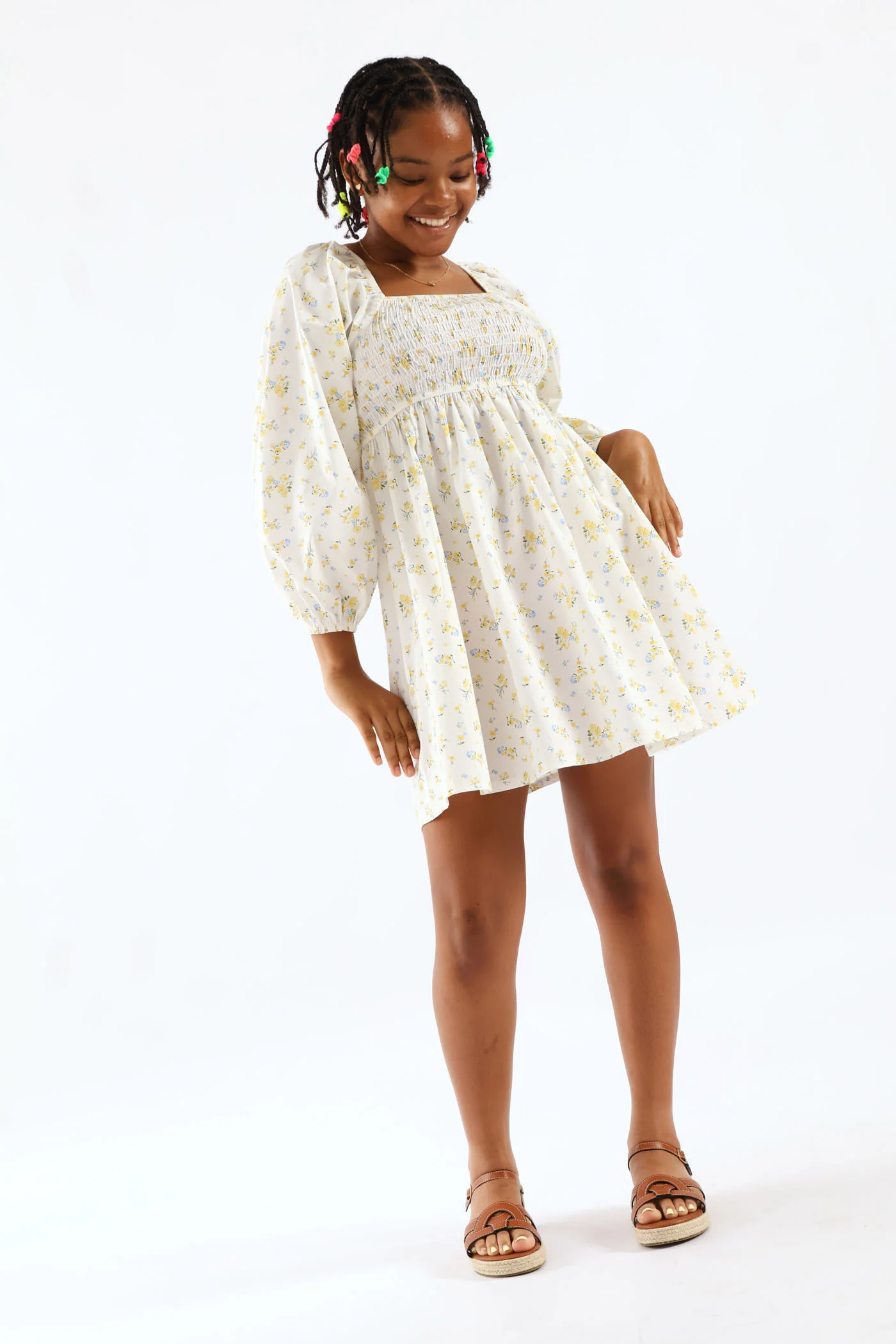 Girls Floral Ruched Bodice Babydoll Dress - Image 4