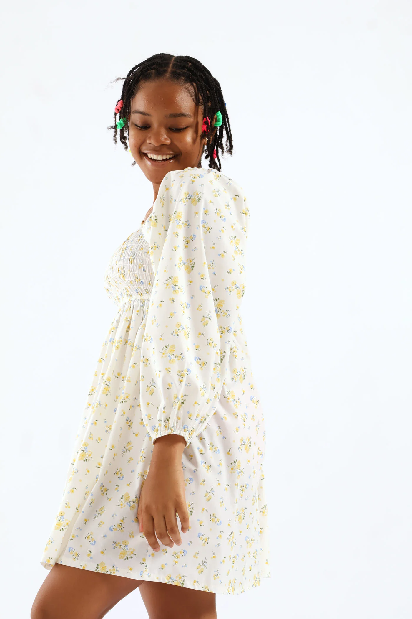 Girls Floral Ruched Bodice Babydoll Dress - Image 5