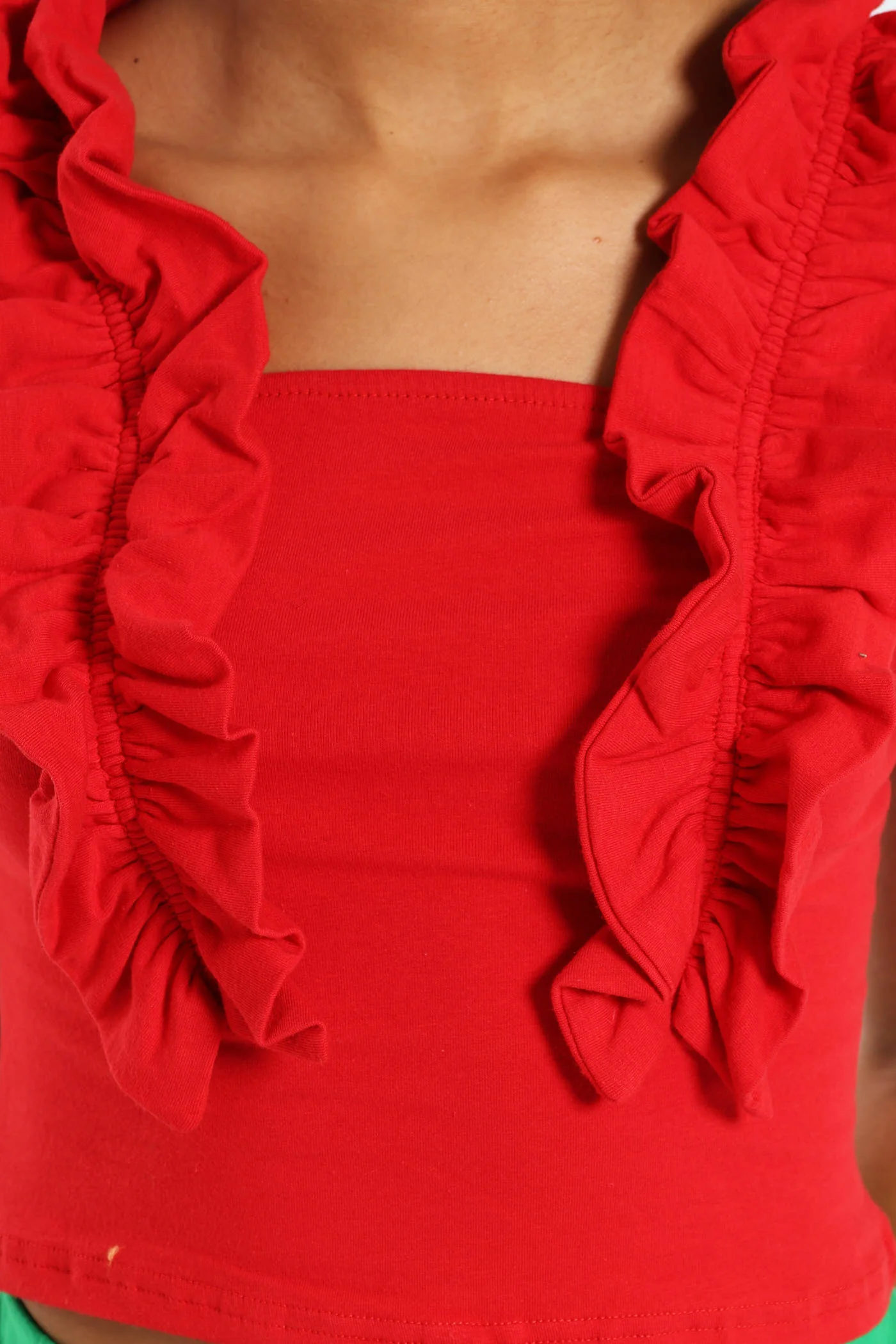 Girls Frilled Lycra Top - Red - Image 3