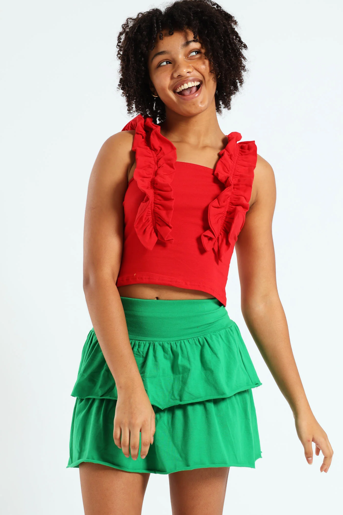 Girls Frilled Lycra Top - Red - Image 4
