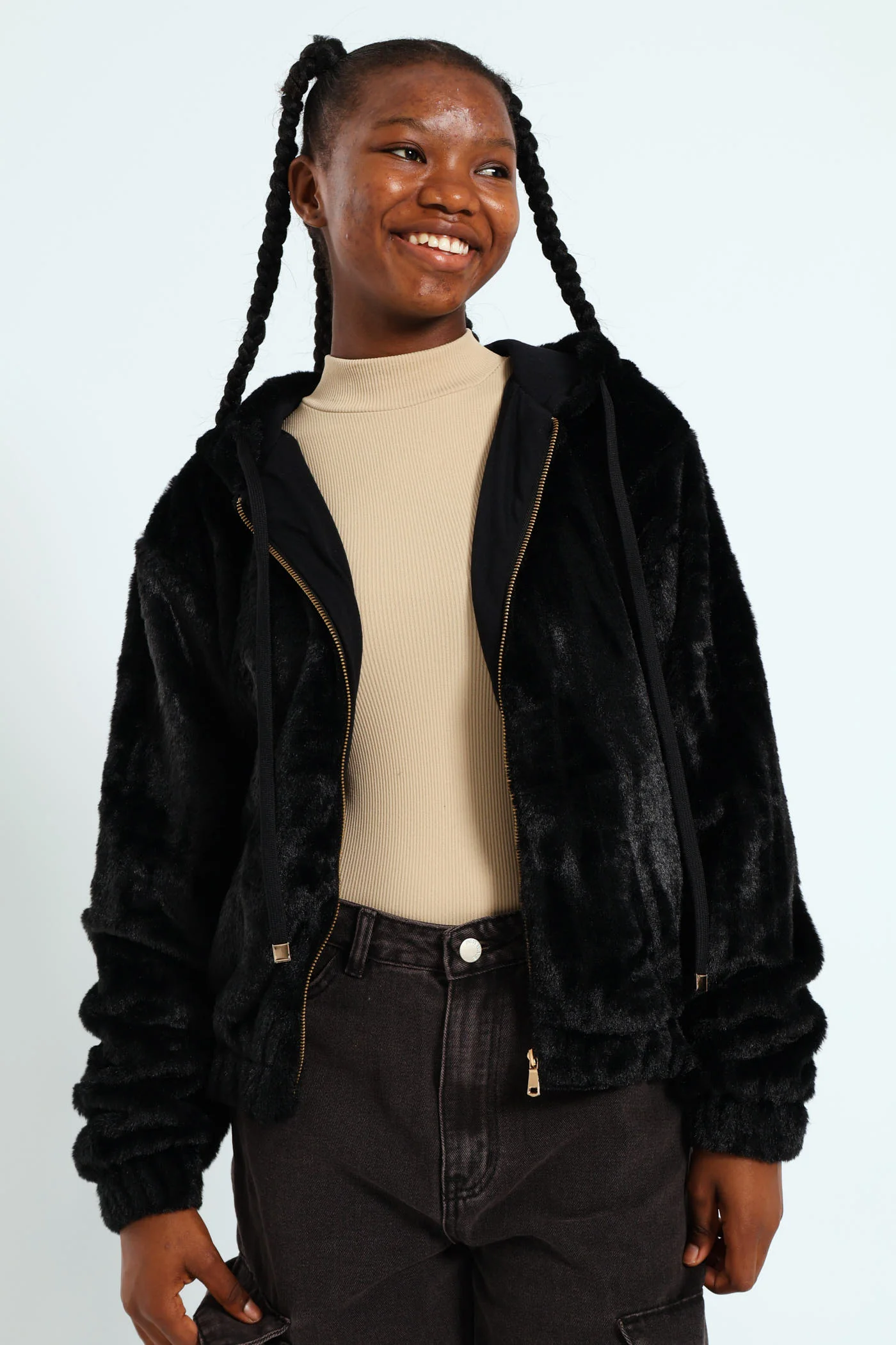 Girls Fur Hoody Jacket - Black - Image 3