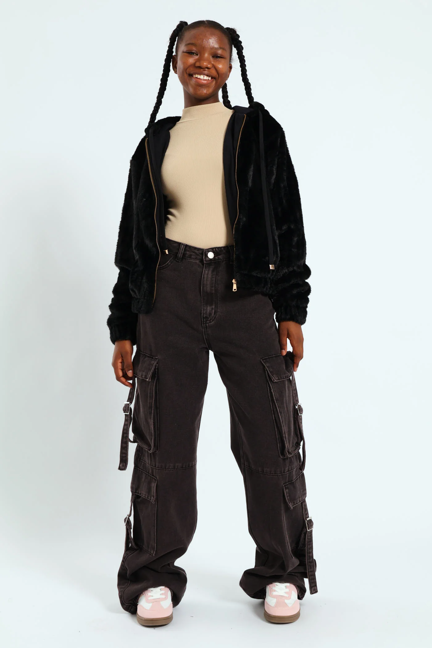 Girls Fur Hoody Jacket - Black - Image 4