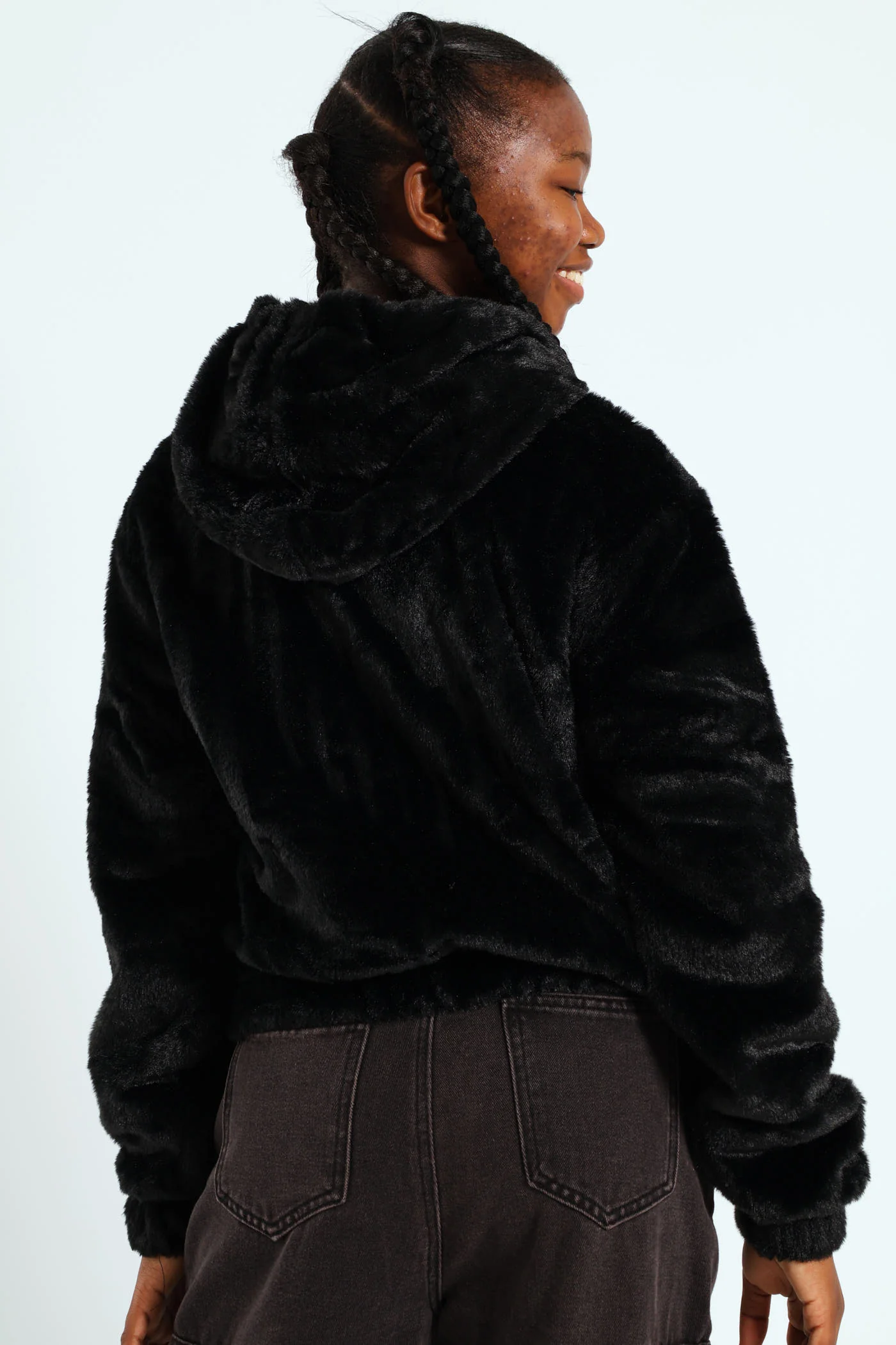 Girls Fur Hoody Jacket - Black - Image 6
