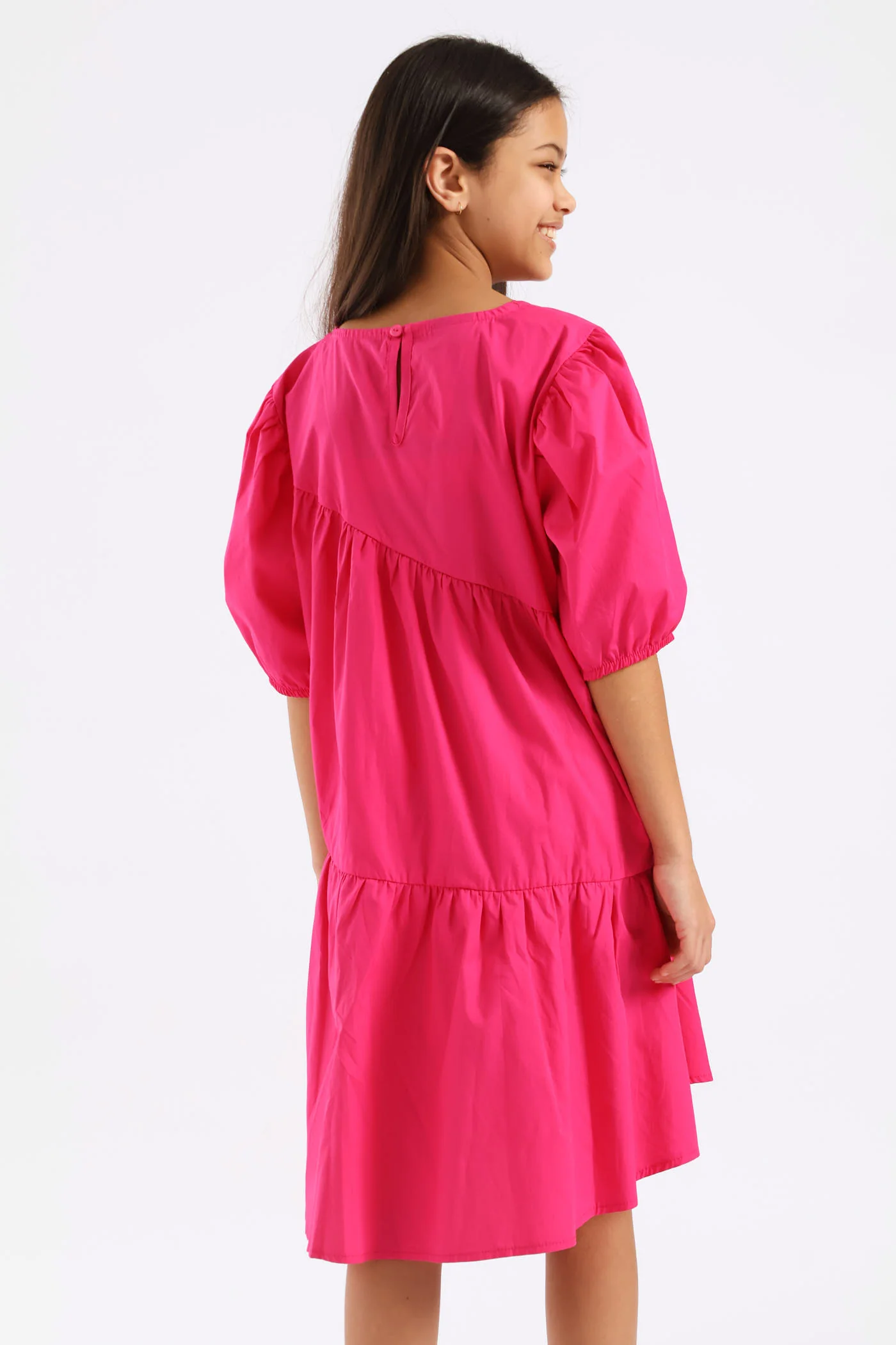 Girls Gauged Front Flare Poplin Dress - Cerise - Image 2