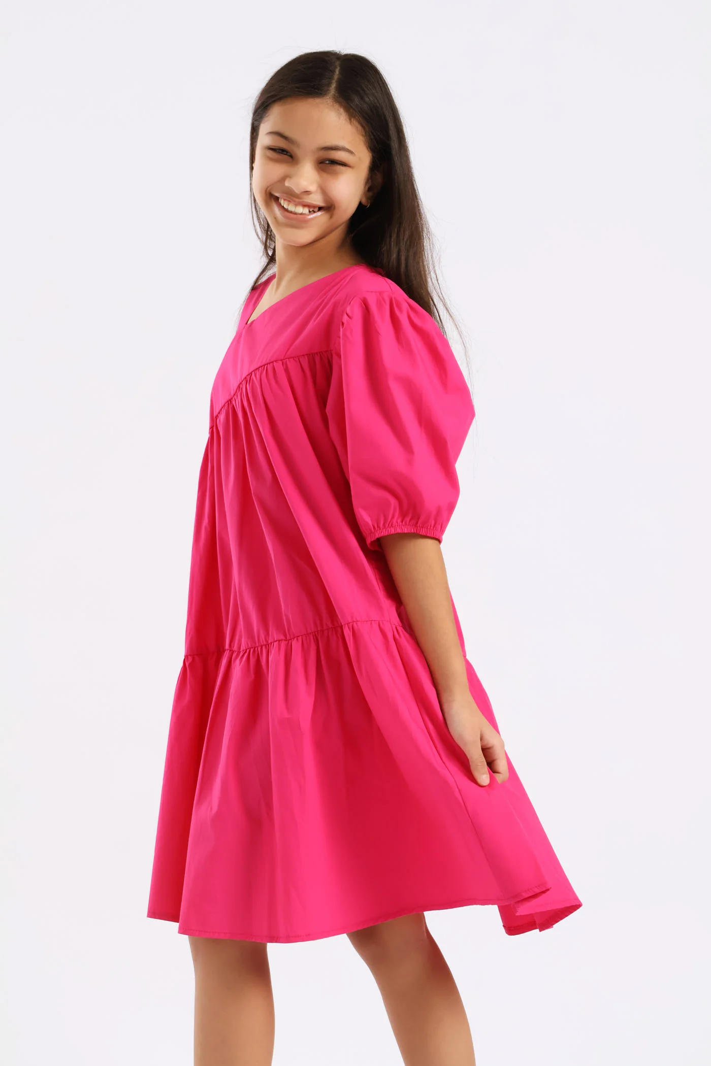 Girls Gauged Front Flare Poplin Dress - Cerise - Image 3