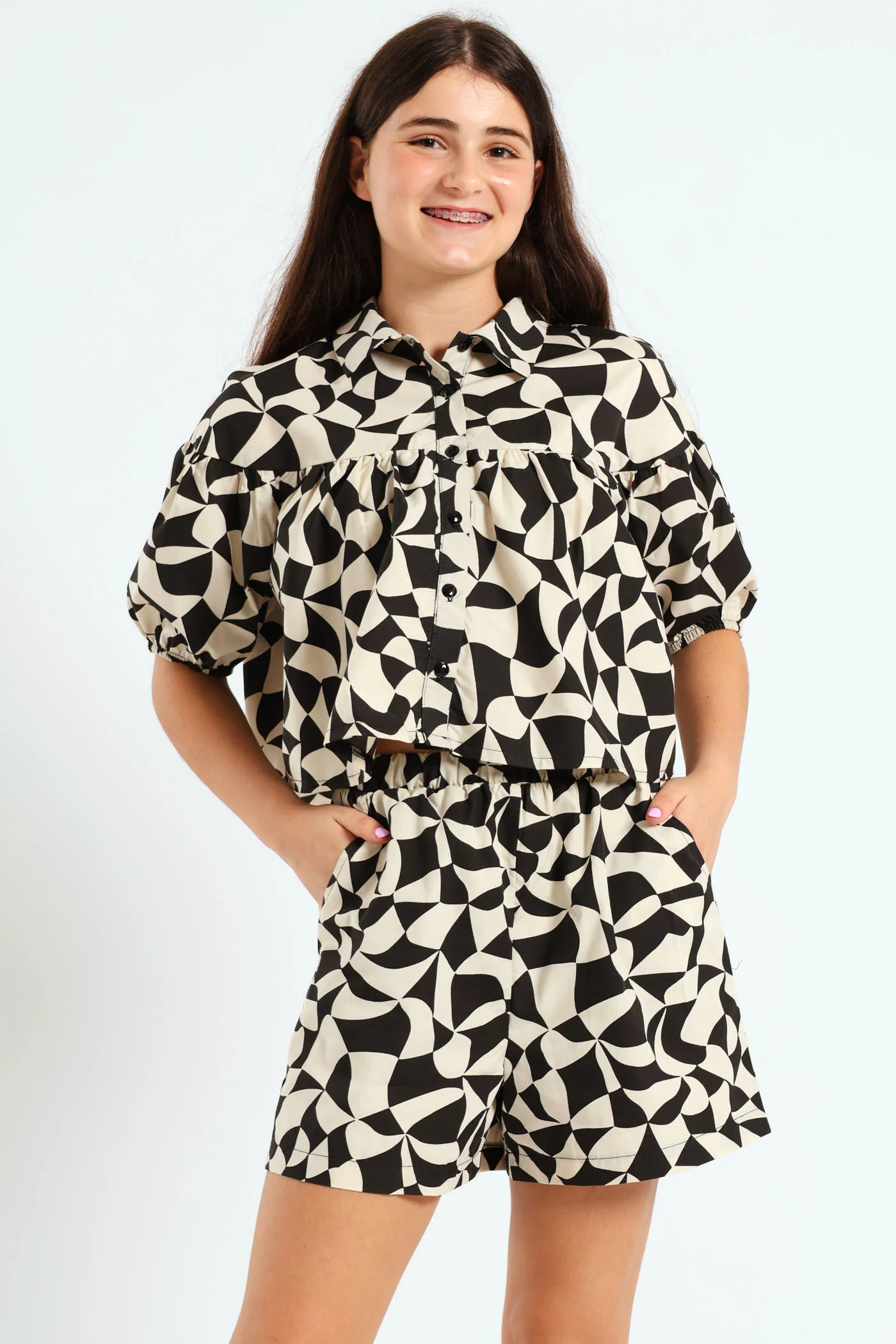 Girls Geo Print Shirt - Black/Cream - Image 2