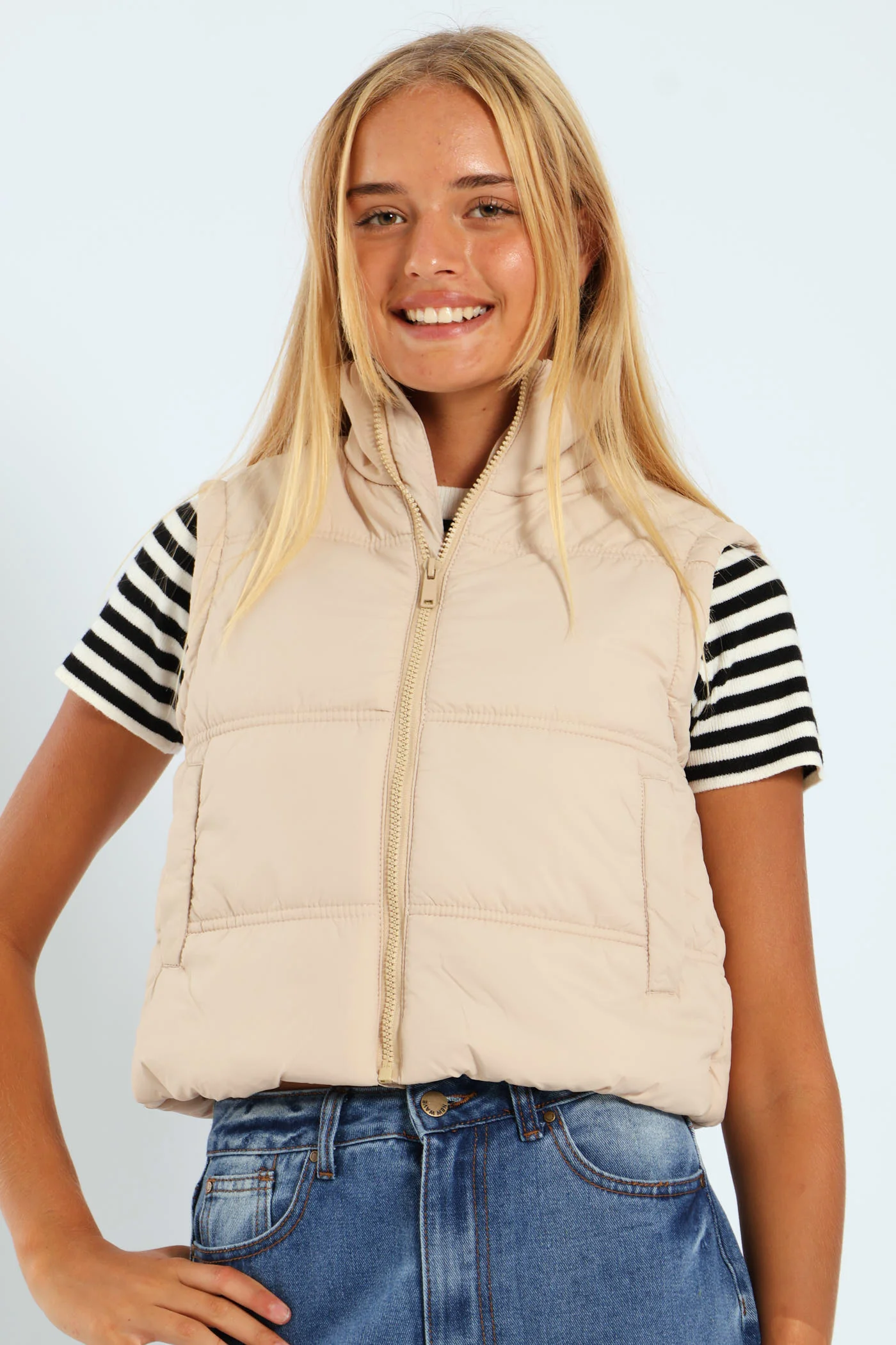 Girls Gillet Puffer Jacket - Stone - Image 2