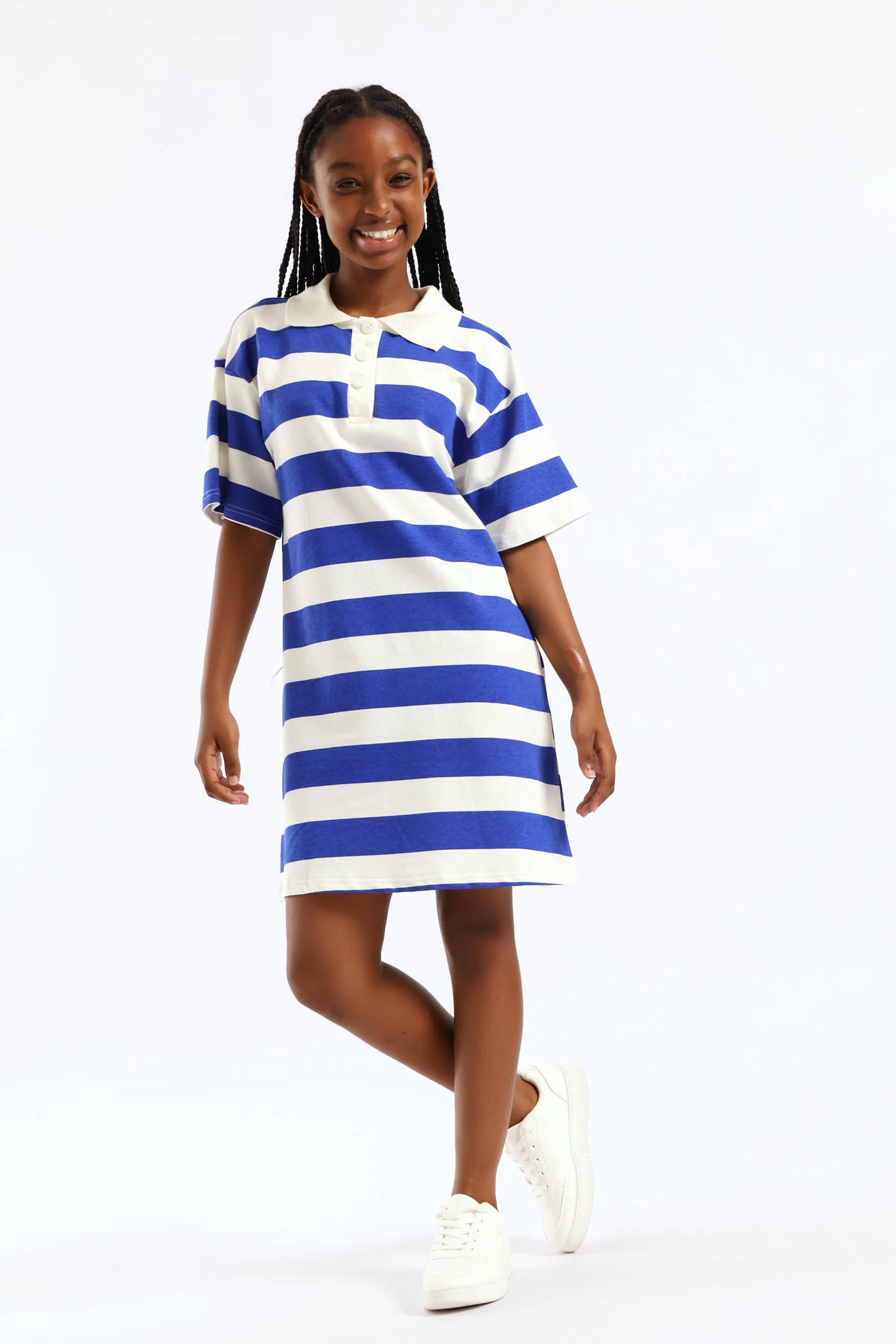 Girls Girls Stripe Golfer Tee Dress - Cream/Blue - Image 2