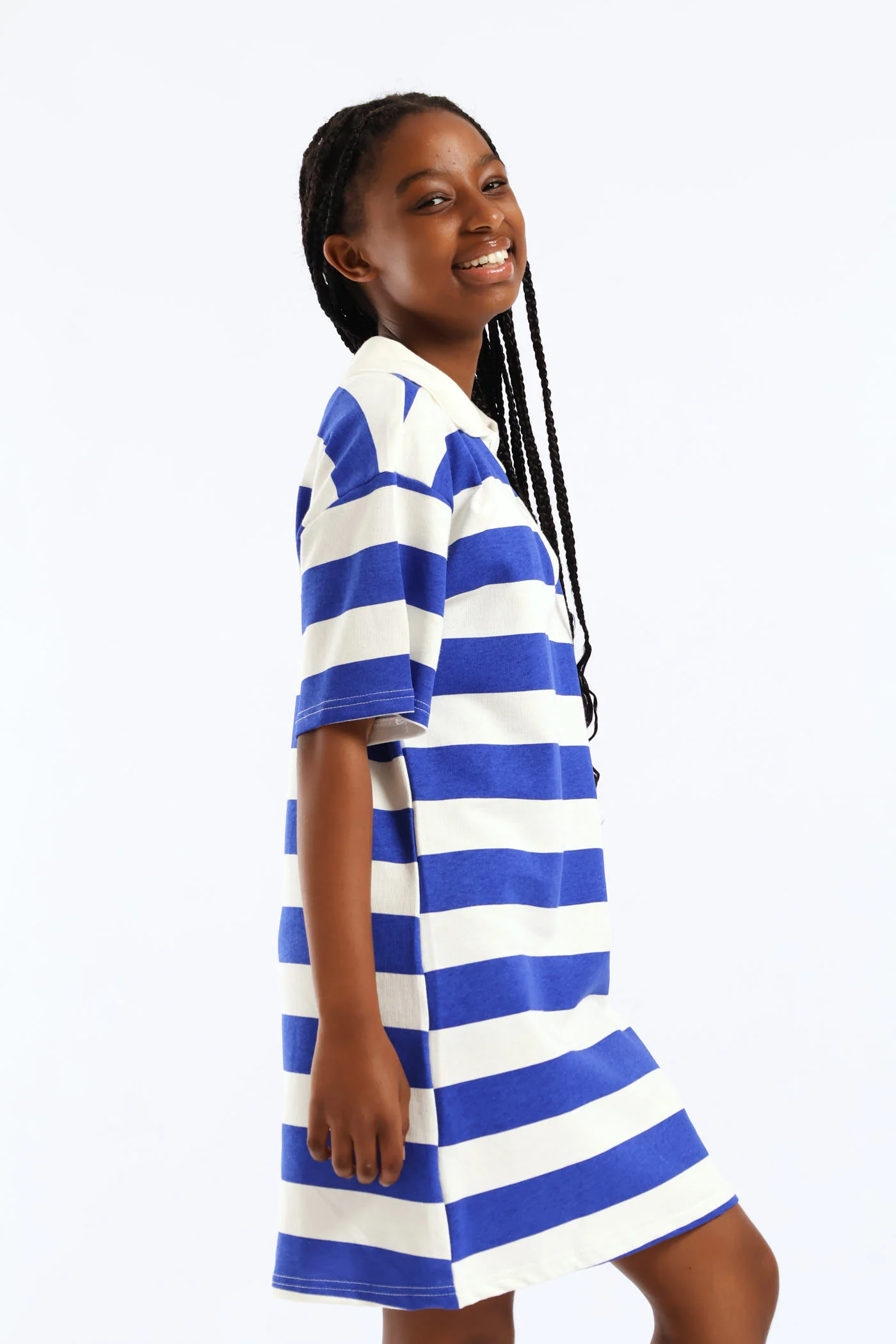 Girls Girls Stripe Golfer Tee Dress - Cream/Blue - Image 3