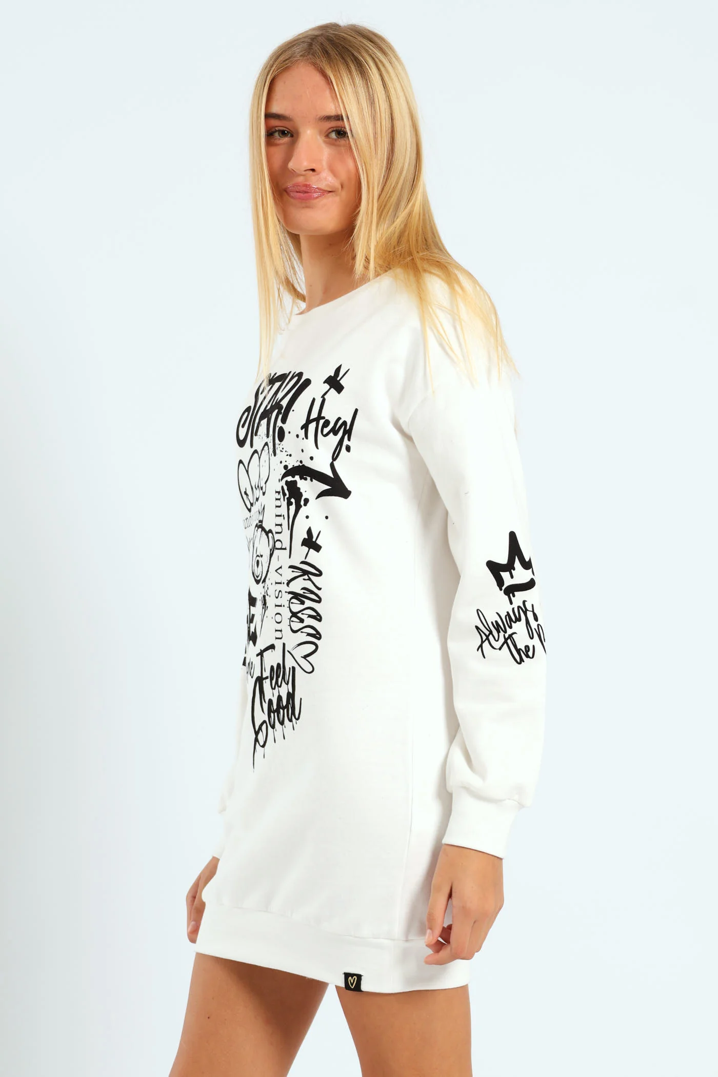 Girls Graffiti Fleece Hoodie Dress - Cream - Image 2