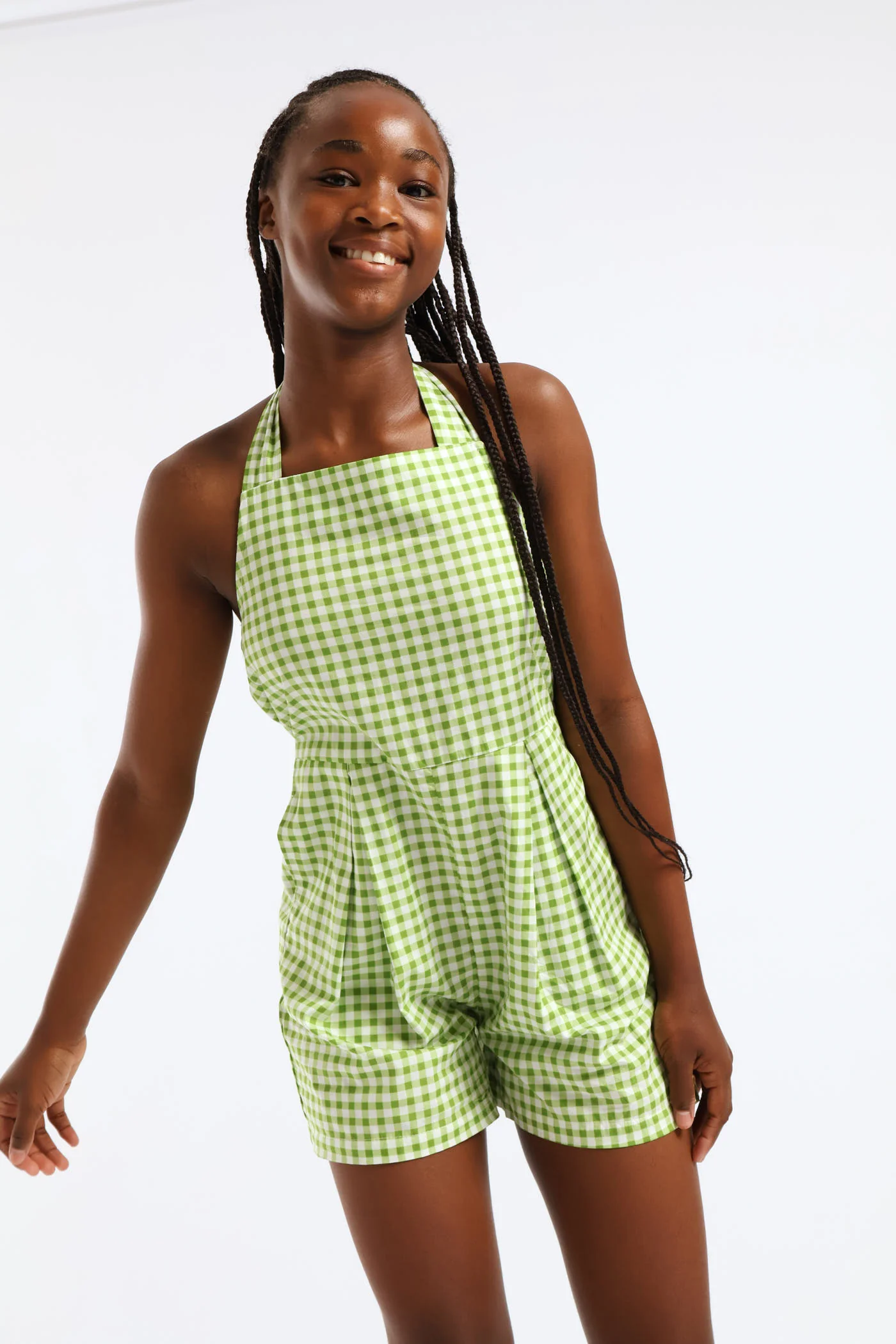 Girls Halter Pleat Front Detail Print Dungaree - Green - Image 3