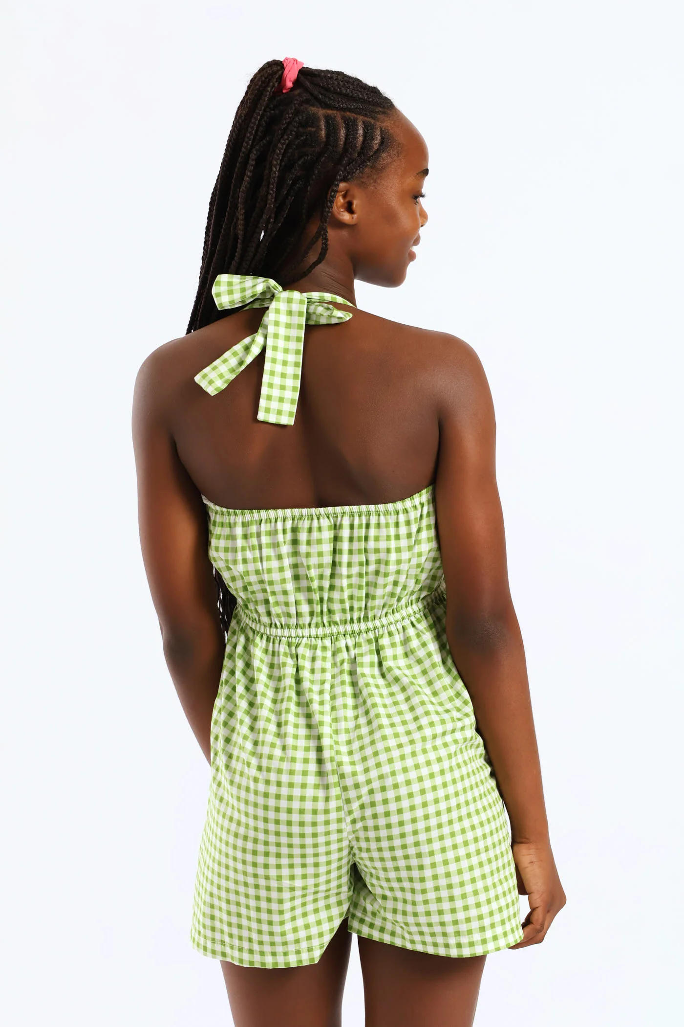 Girls Halter Pleat Front Detail Print Dungaree - Green - Image 6