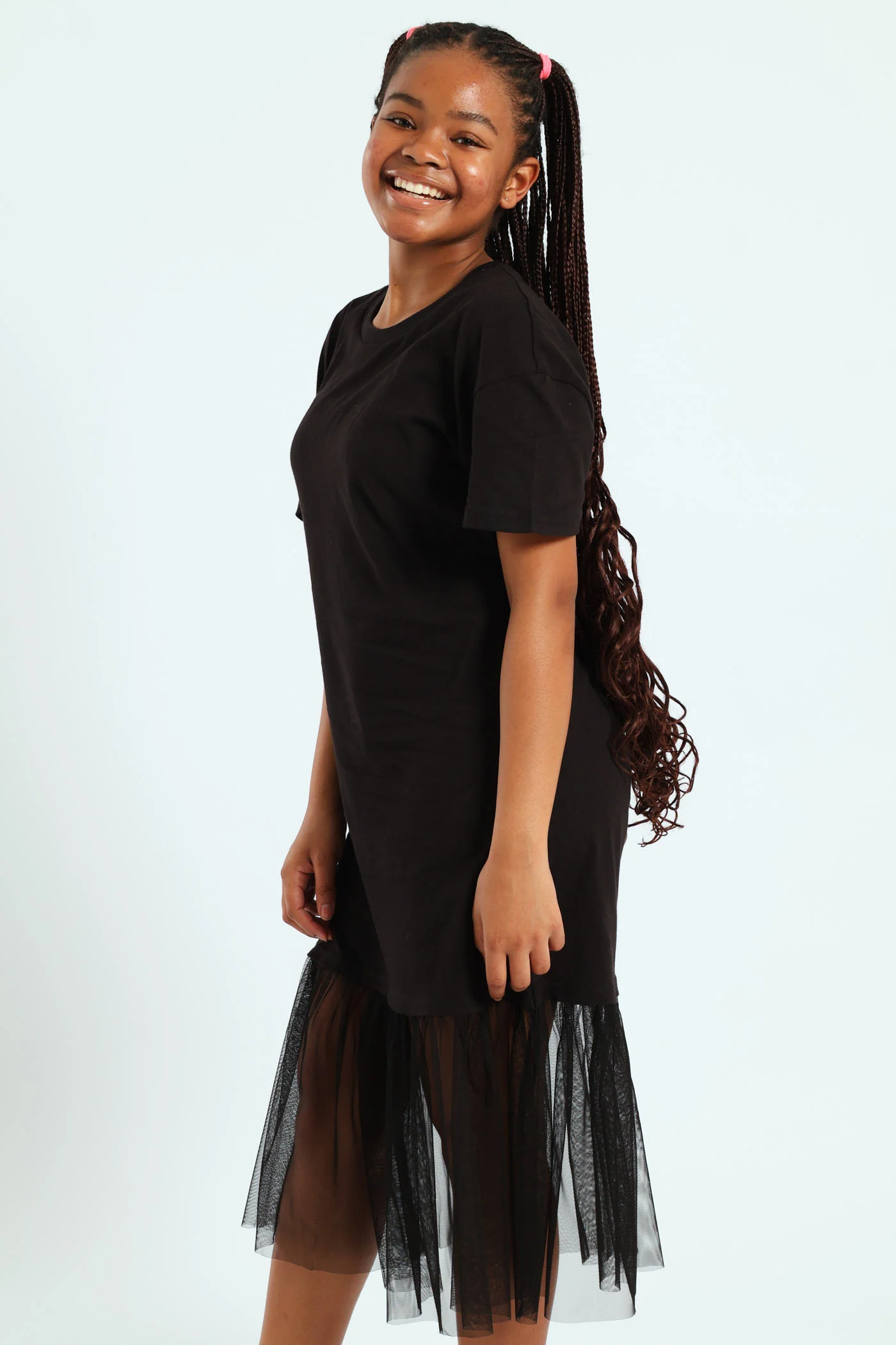 Girls Knit Tee Mesh Skirt Combo Dress - Black - Image 3