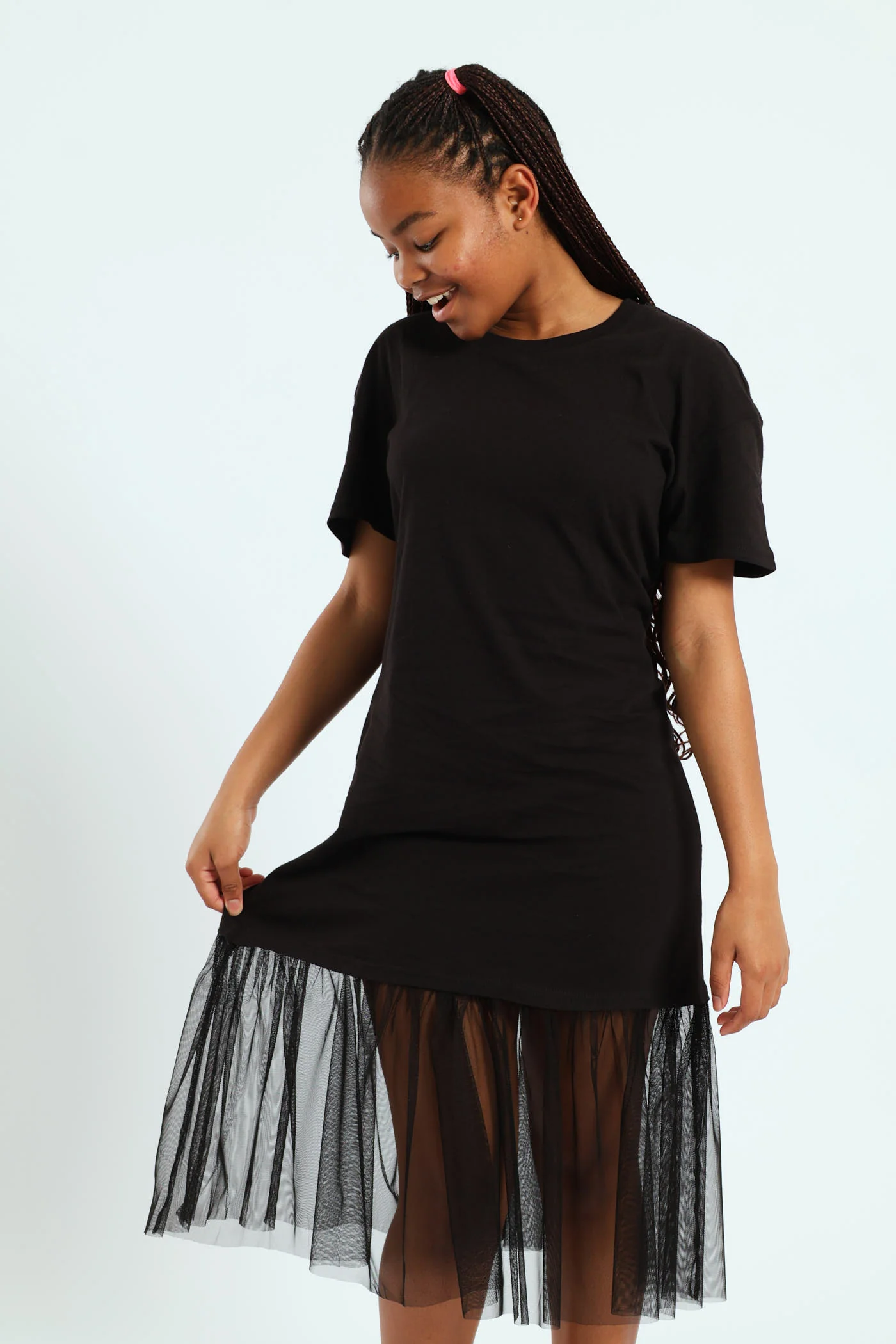 Girls Knit Tee Mesh Skirt Combo Dress - Black - Image 4