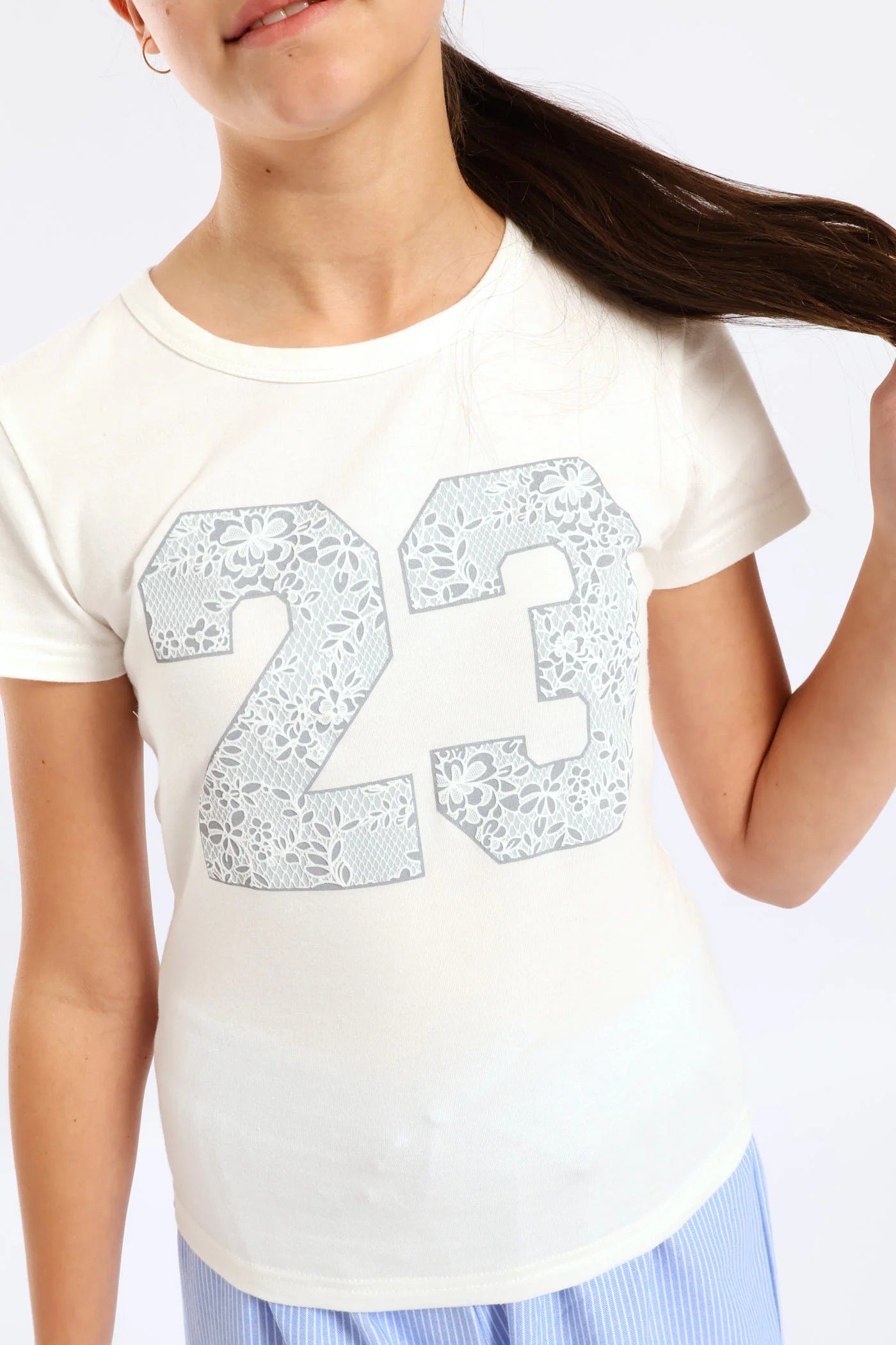 Girls Lace Print Fitted Tee - Cream - Image 2