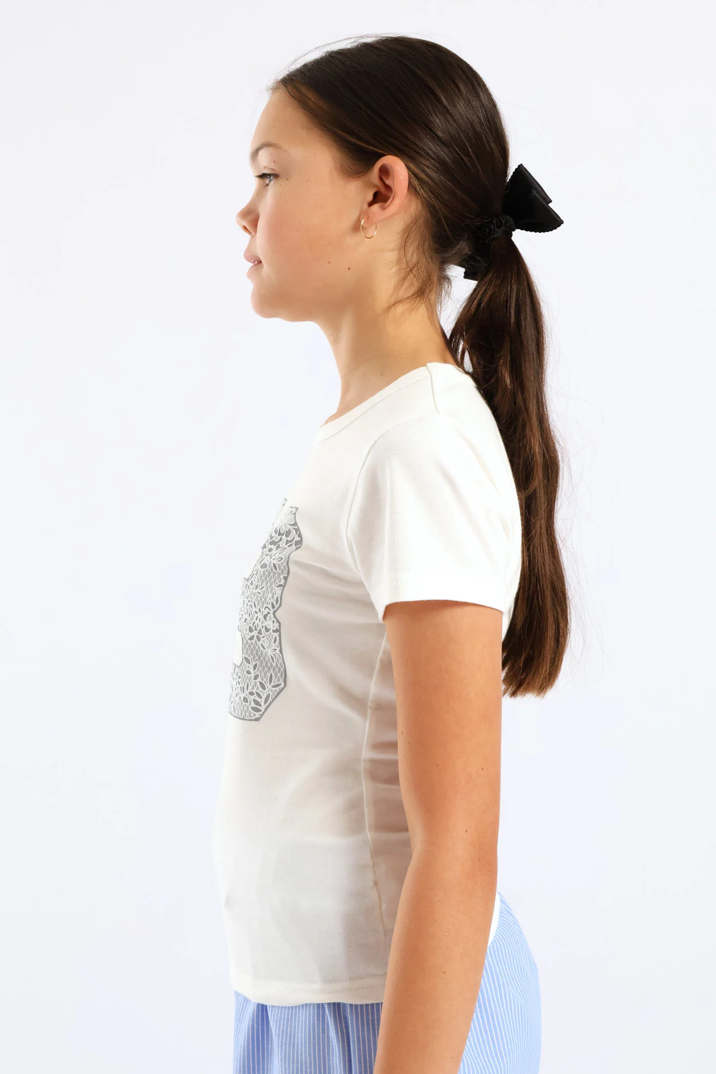 Girls Lace Print Fitted Tee - Cream - Image 3