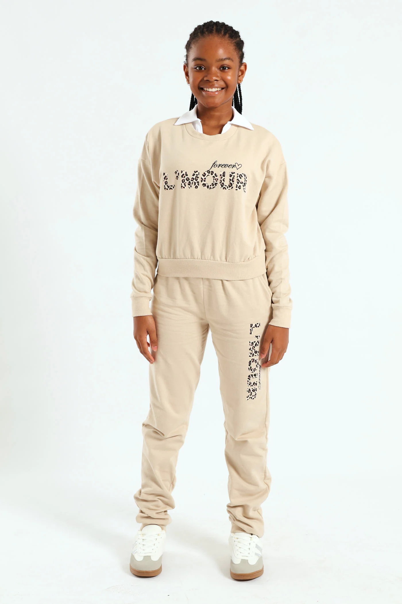 Girls L'amour Fleece Crew Top - Stone - Image 4