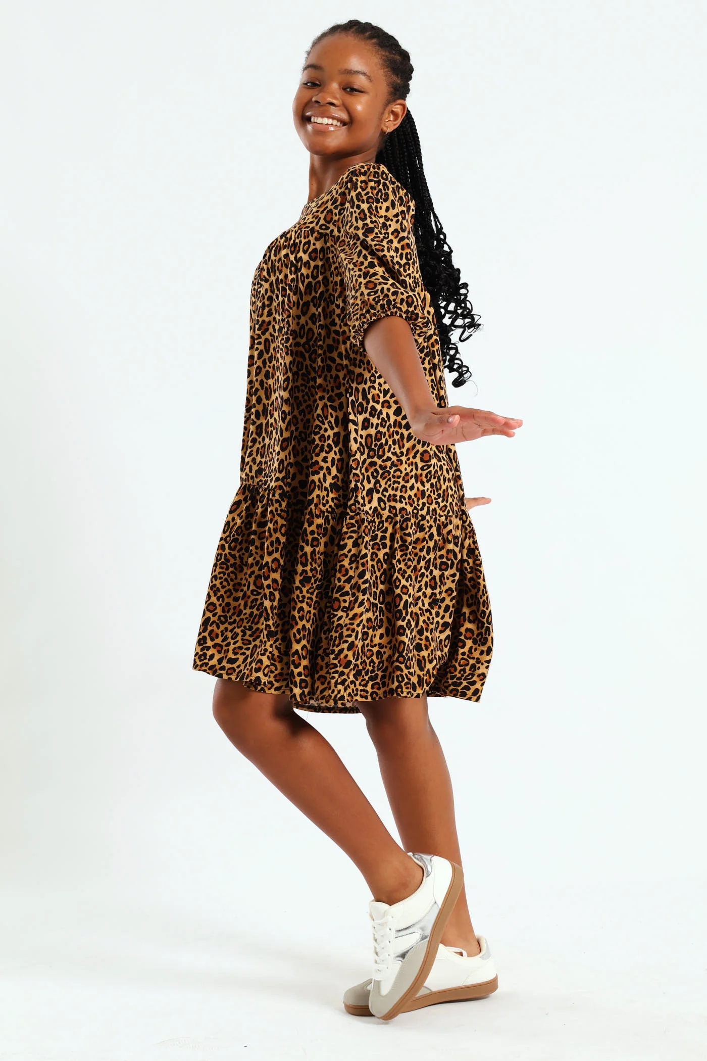 Girls Leopard Print Tiered Dress - Image 2