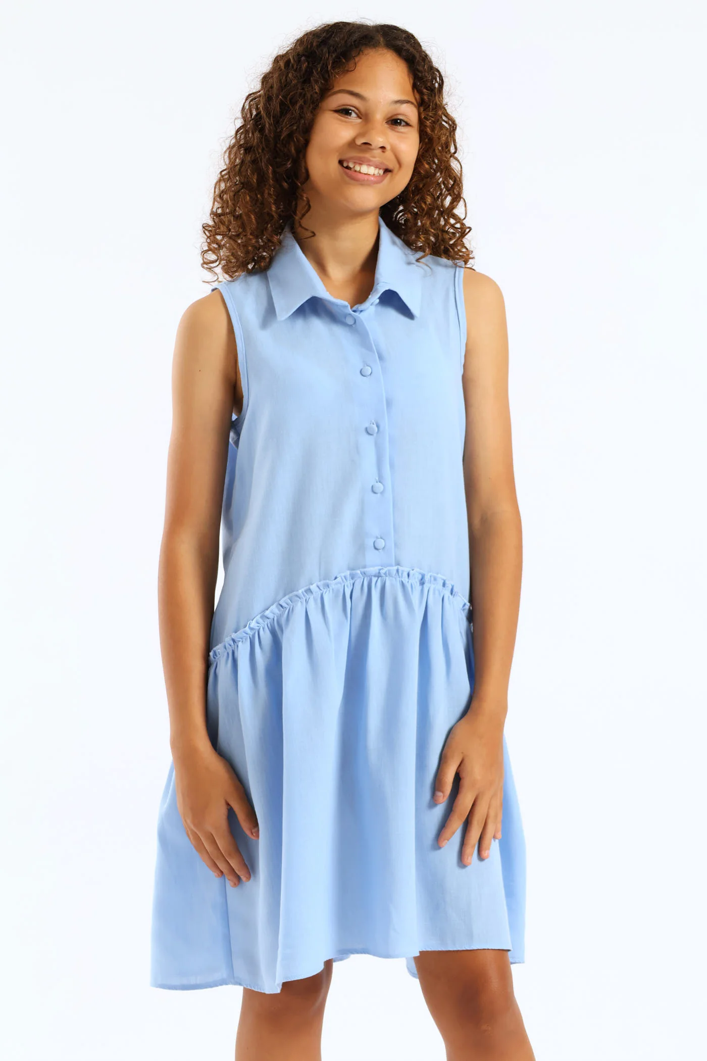 Girls Linen Buttons Dress - Blue - Image 3