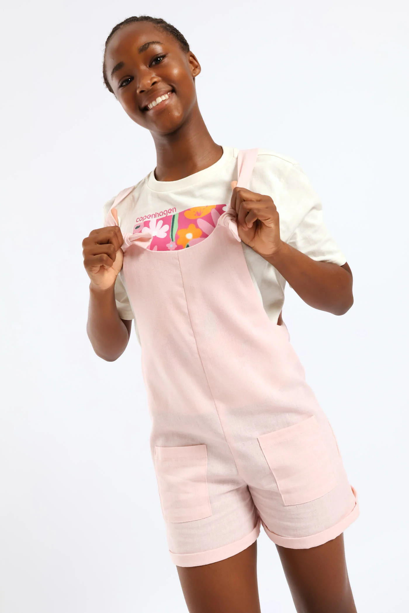 Girls Linen Dungaree - Dusty Pink - Image 2