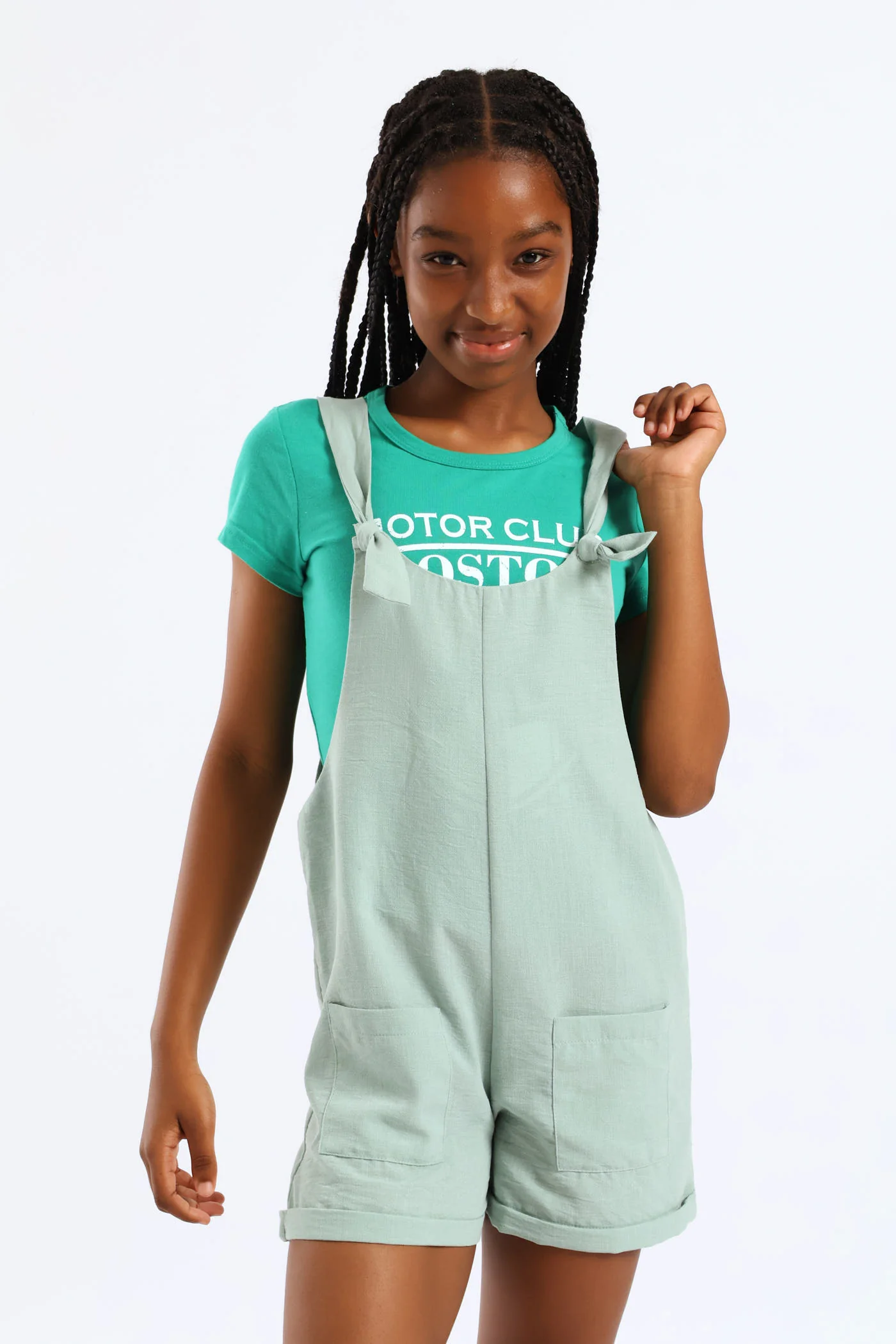 Girls Linen Dungaree - Sage - Image 3