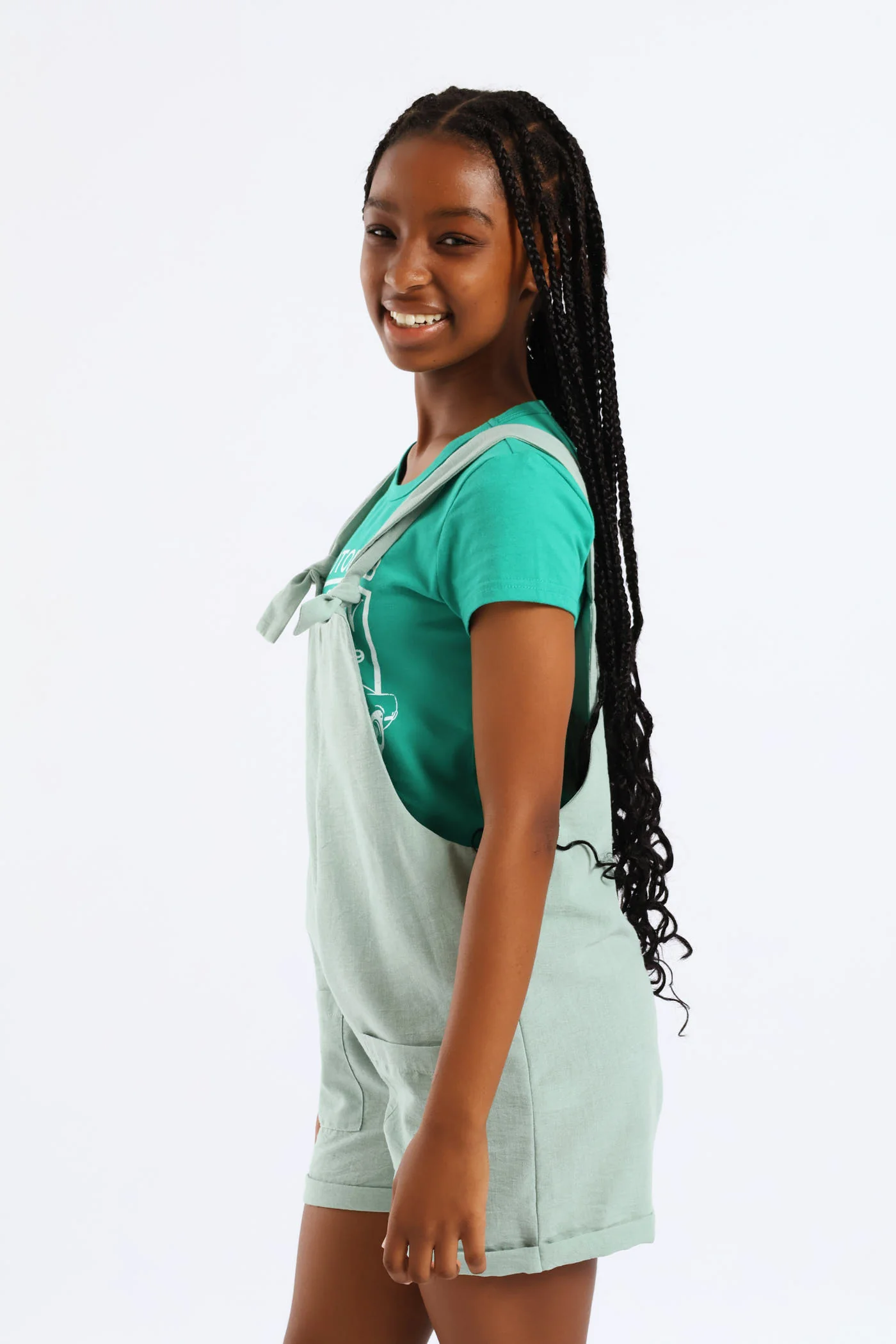 Girls Linen Dungaree - Sage - Image 4
