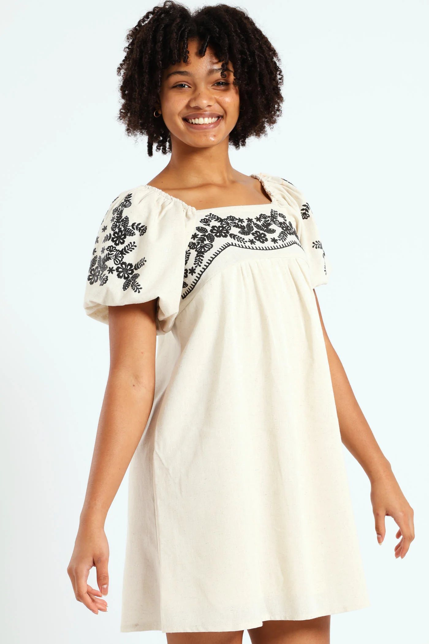 Girls Linen Embroidered Puff Sleeve Dress - Stone - Image 3