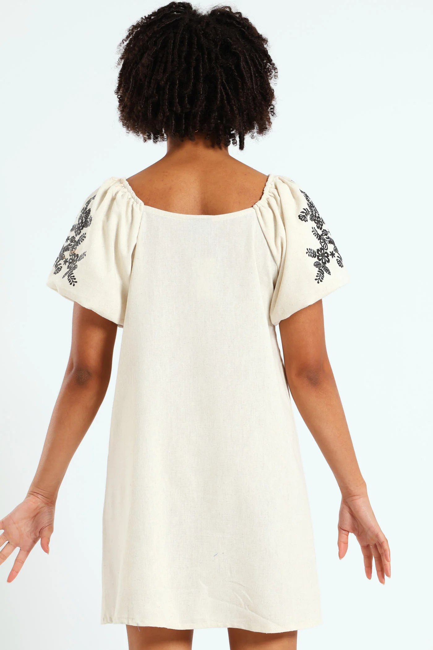 Girls Linen Embroidered Puff Sleeve Dress - Stone - Image 4