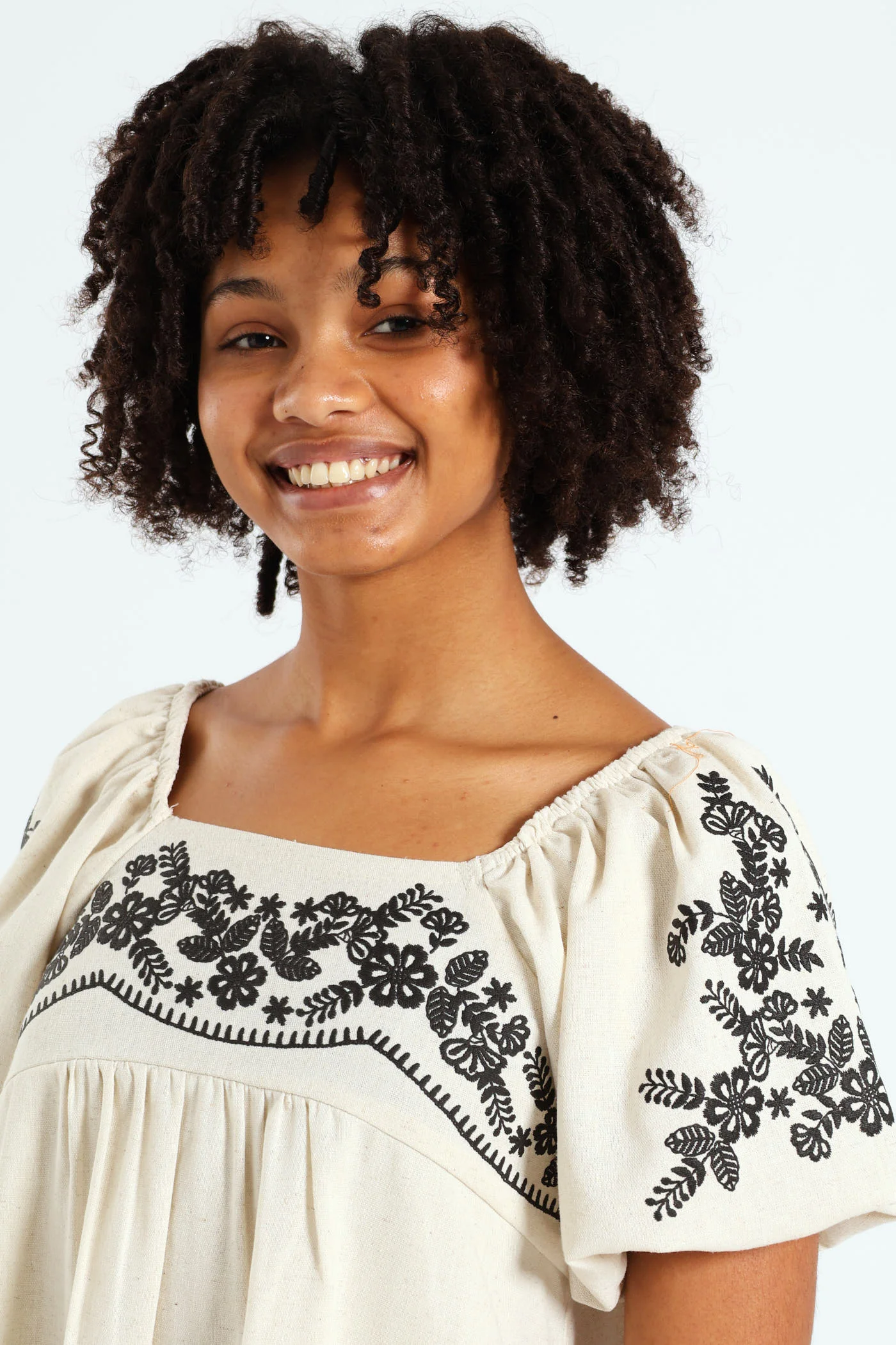 Girls Linen Embroidered Puff Sleeve Dress - Stone - Image 5