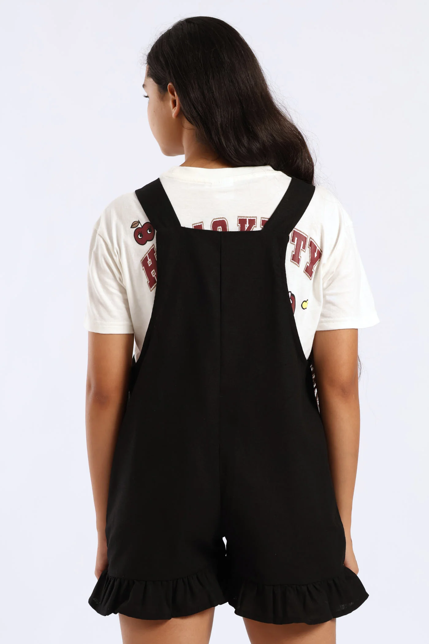 Girls Linen Frill Dungaree - Black - Image 3