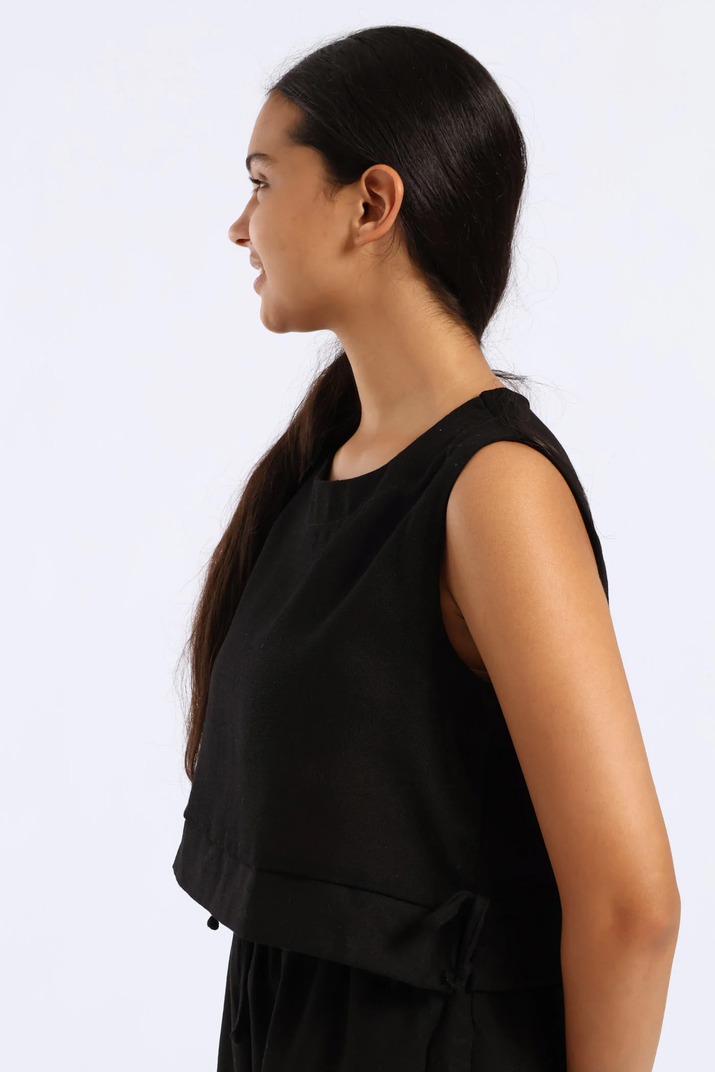 Girls Tie Detail Linen Top - Black - Image 3