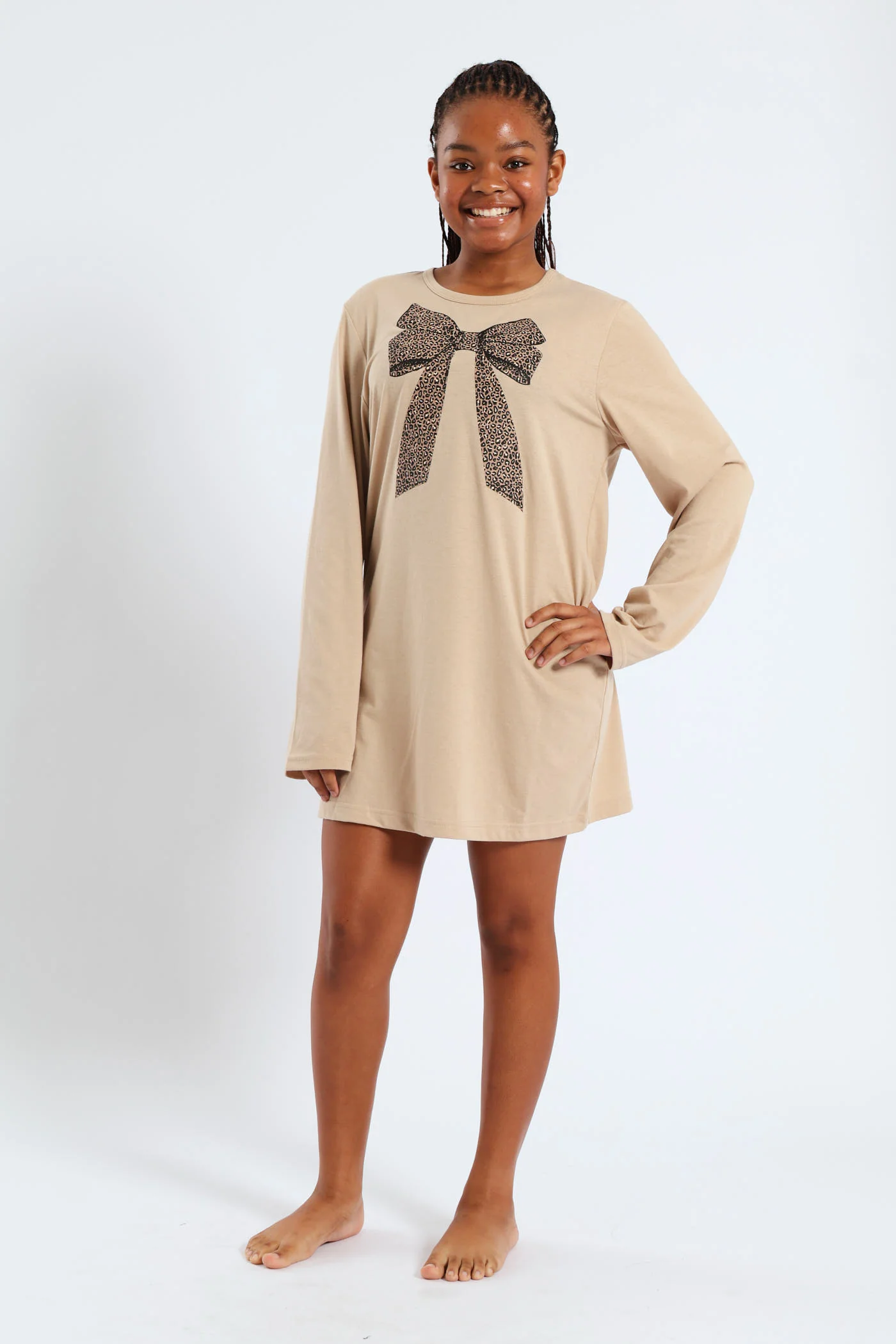 Girls Long Sleeve Bow Sleep Shirt - Stone - Image 2