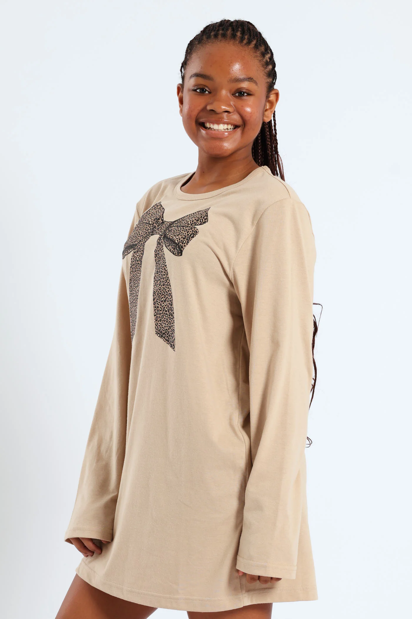 Girls Long Sleeve Bow Sleep Shirt - Stone - Image 3