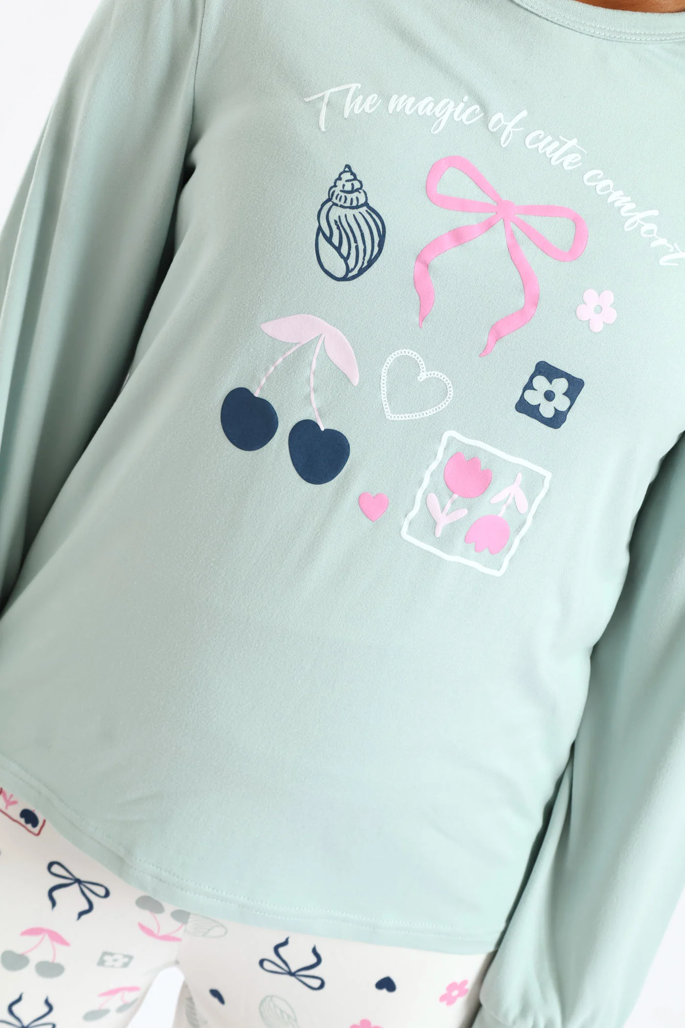 Girls Long Sleeve Bows & Shells Sleep Set - Sage - Image 2