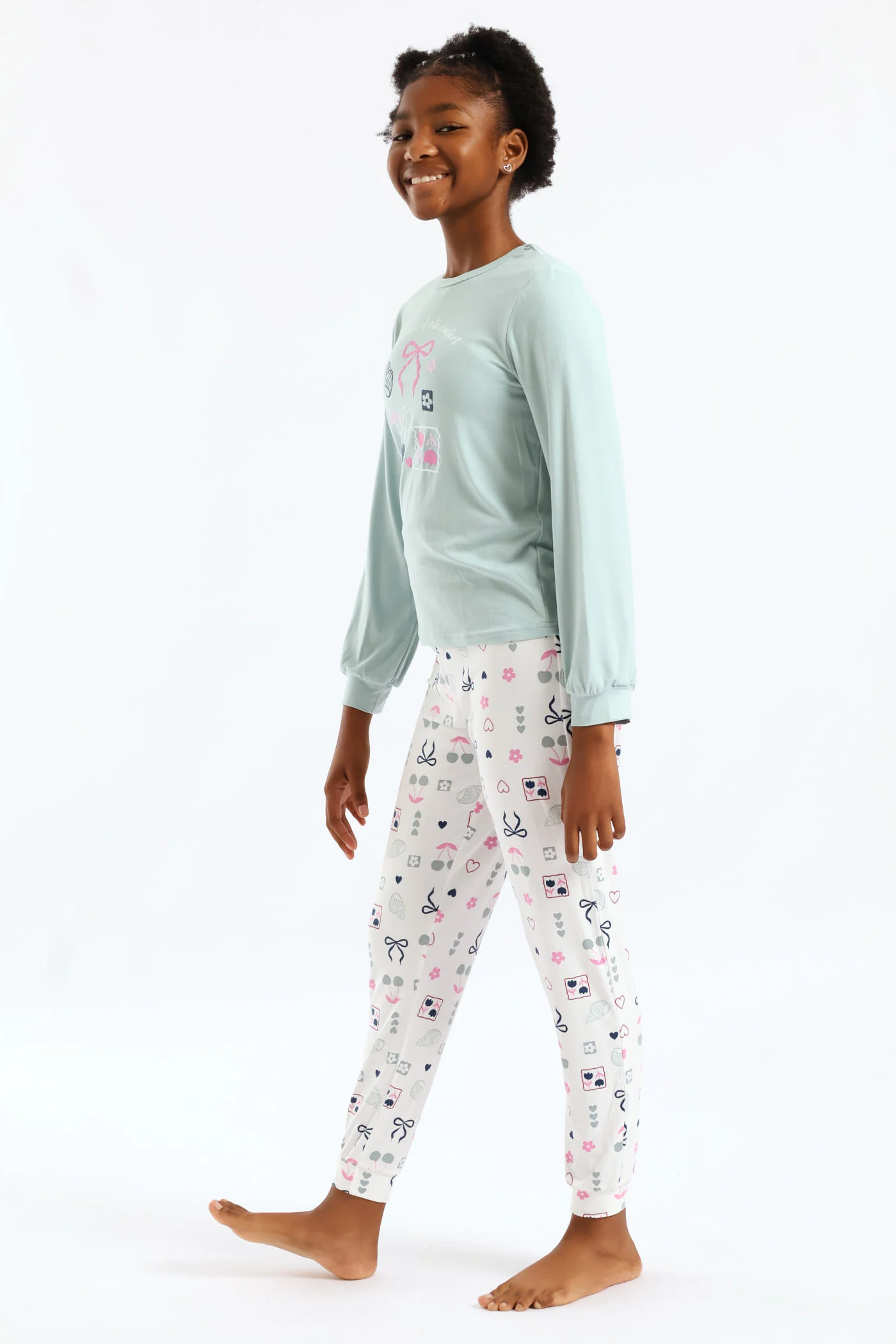 Girls Long Sleeve Bows & Shells Sleep Set - Sage - Image 4
