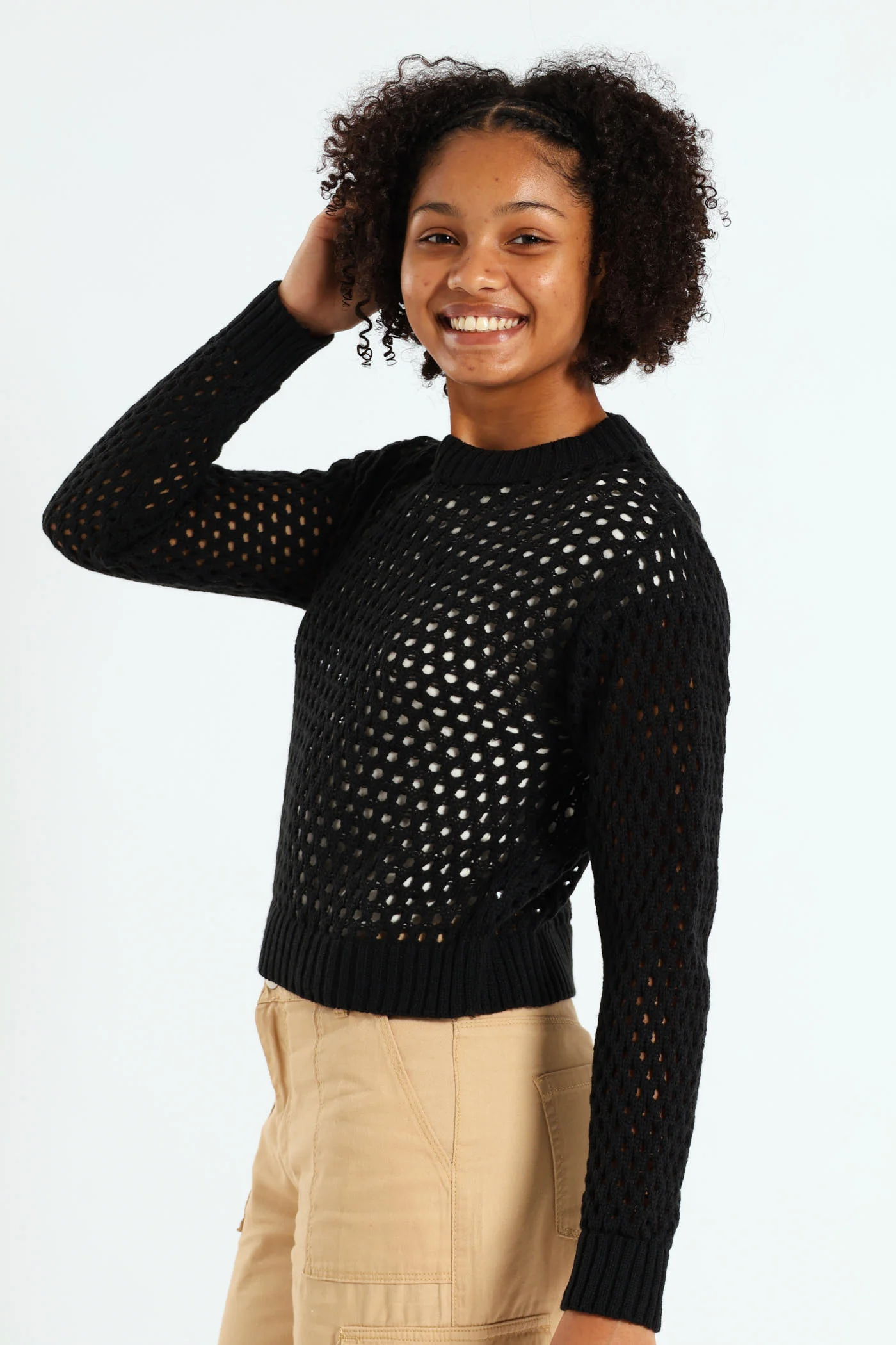 Girls Long Sleeve Crochet Knitwear - Black - Image 2