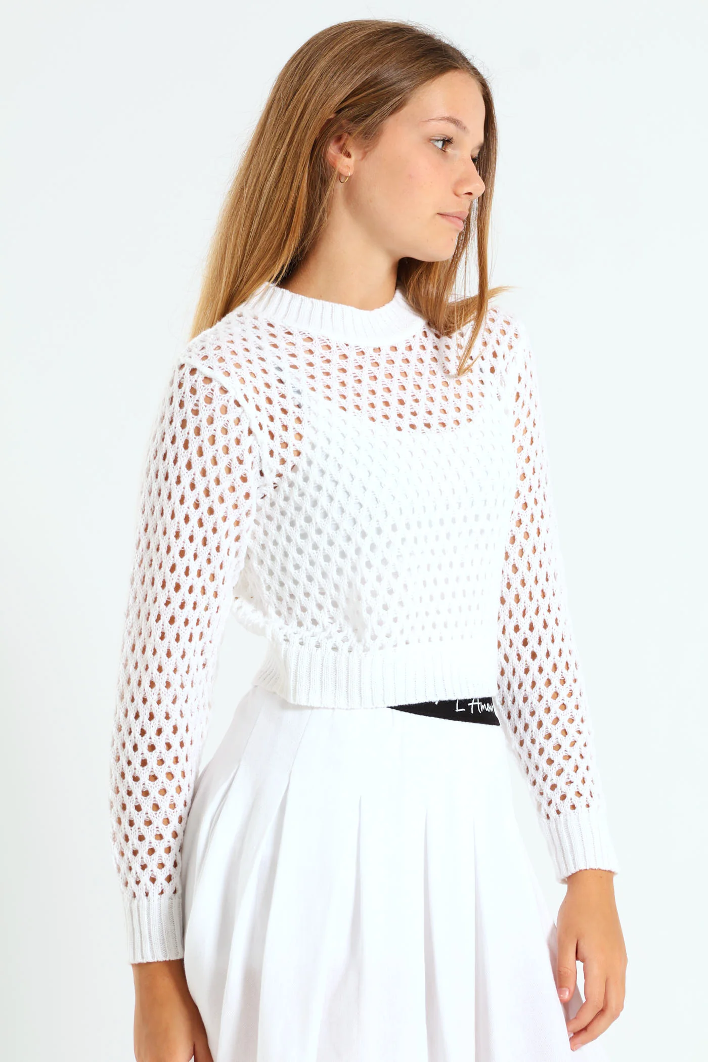 Girls Long Sleeve Crochet Knit Top - White - Image 2