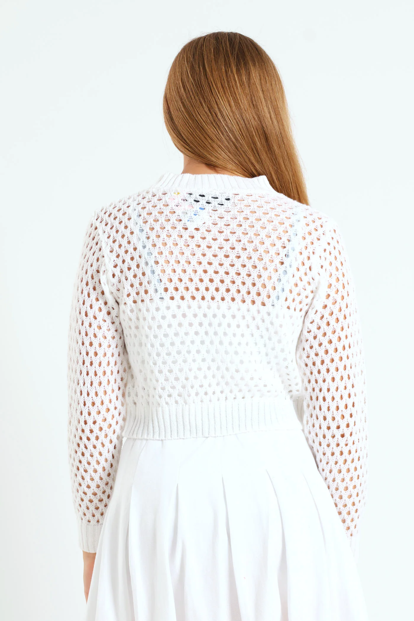 Girls Long Sleeve Crochet Knit Top - White - Image 3