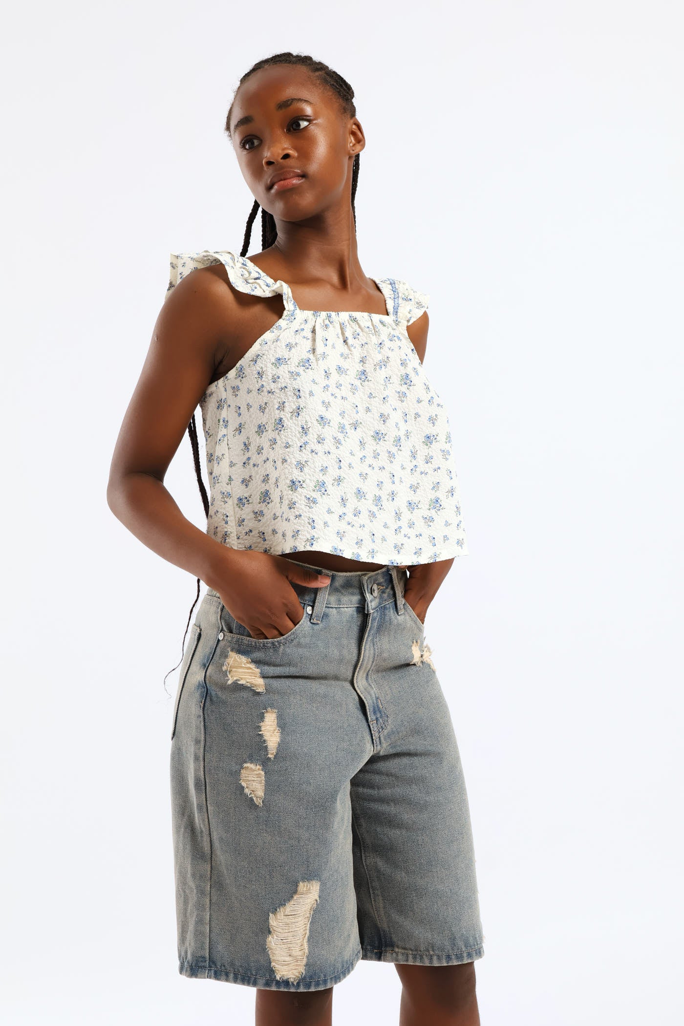 Girls Micro Floral Frill Strap Flare Top - White - Image 3