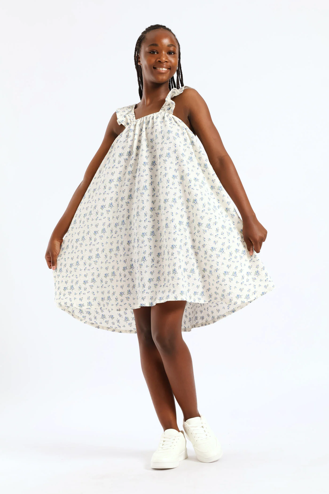 Girls Micro Floral Frill Straps Midi Dress - White - Image 3