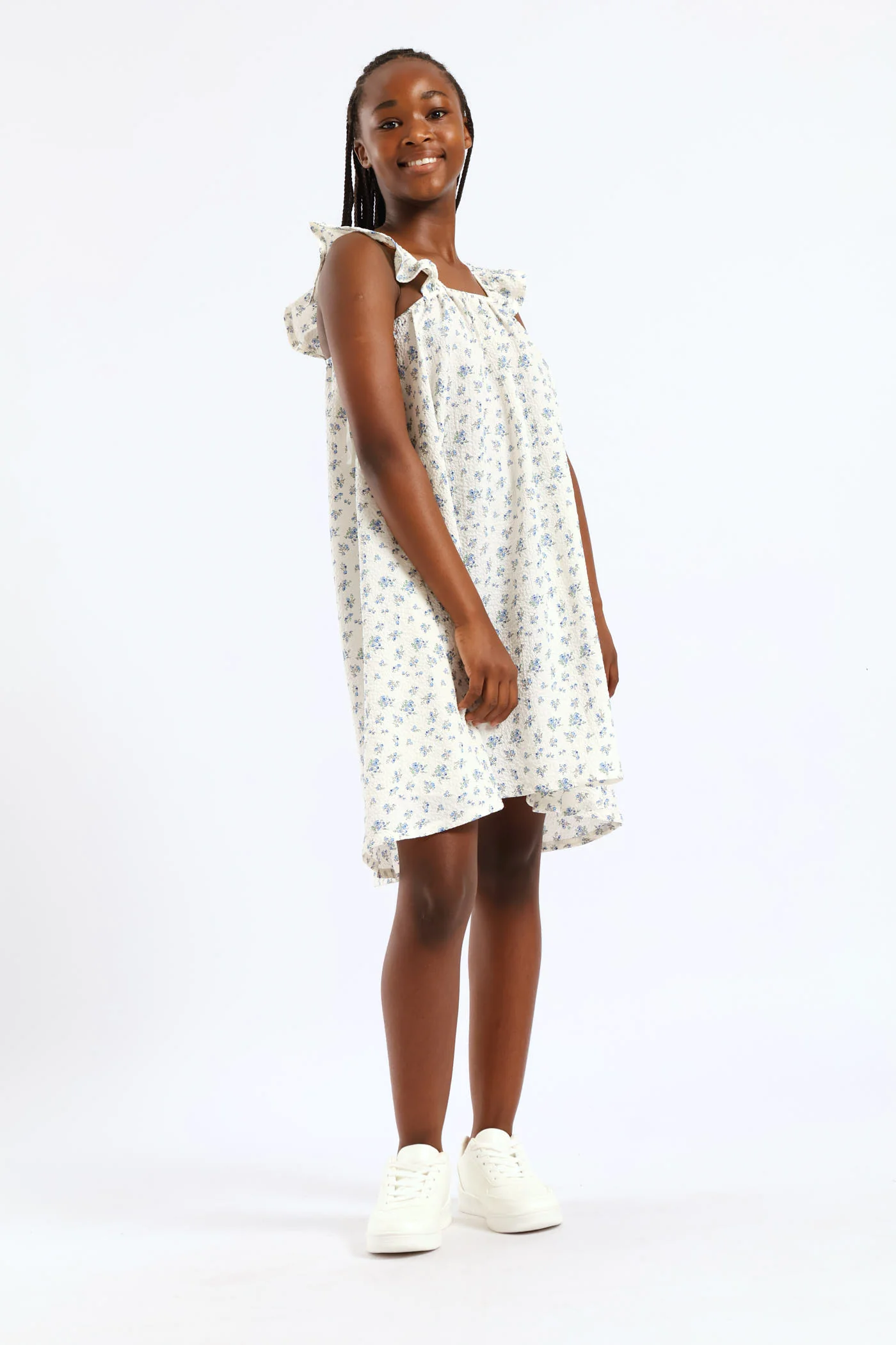 Girls Micro Floral Frill Straps Midi Dress - White - Image 4