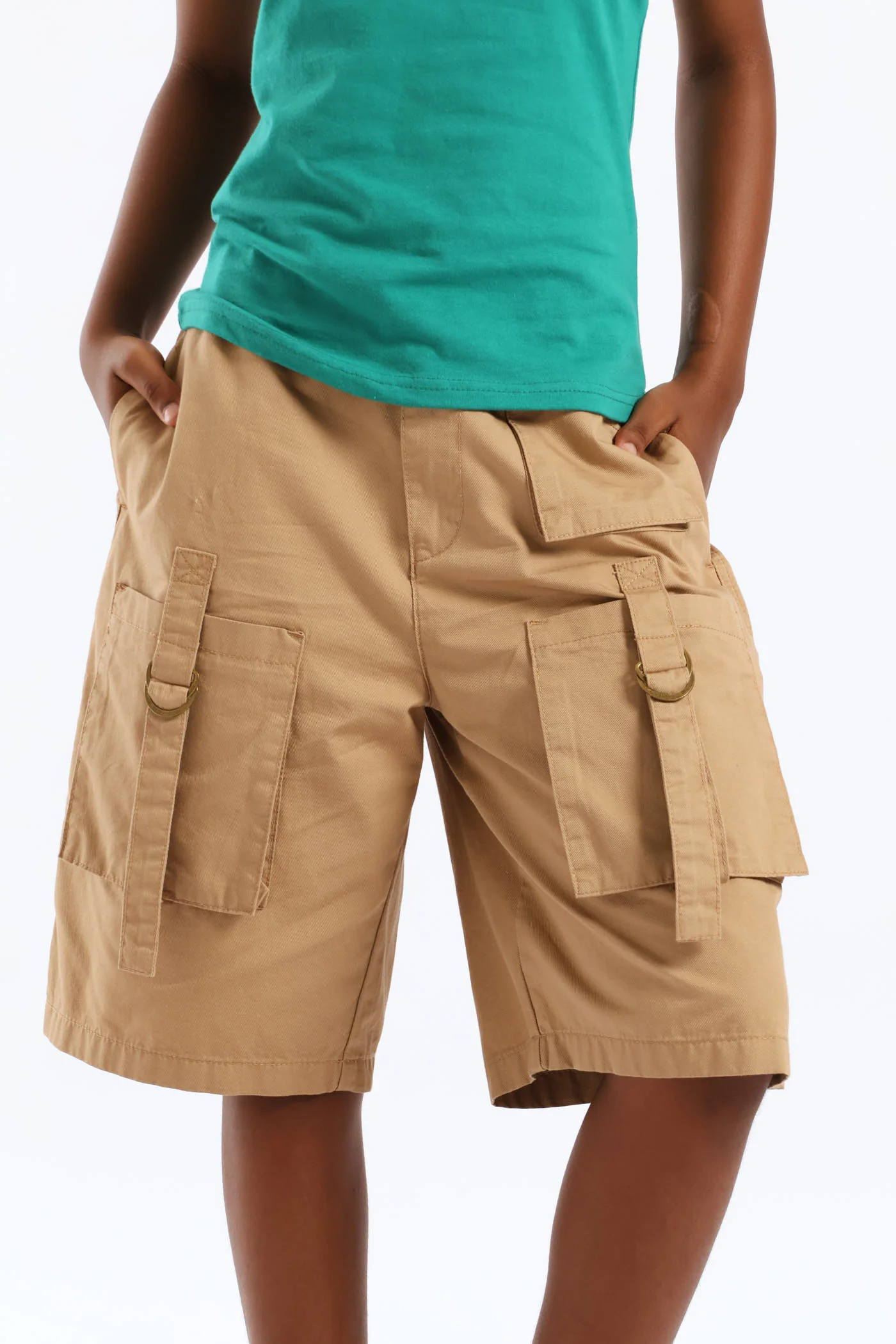 Girls Multi Pocket Bermuda Twill Shorts - Khaki - Image 2