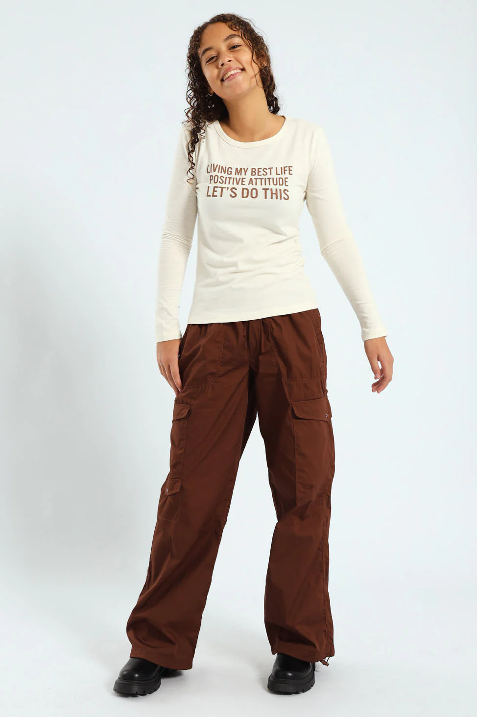 Girls Multi Pocket Parachute Pants - Brown - Image 2