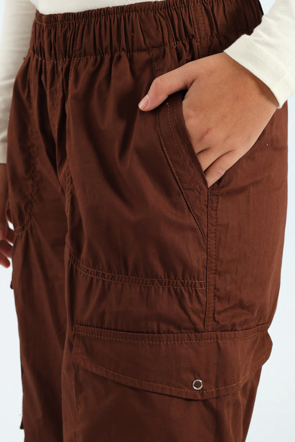 Girls Multi Pocket Parachute Pants - Brown - Image 5