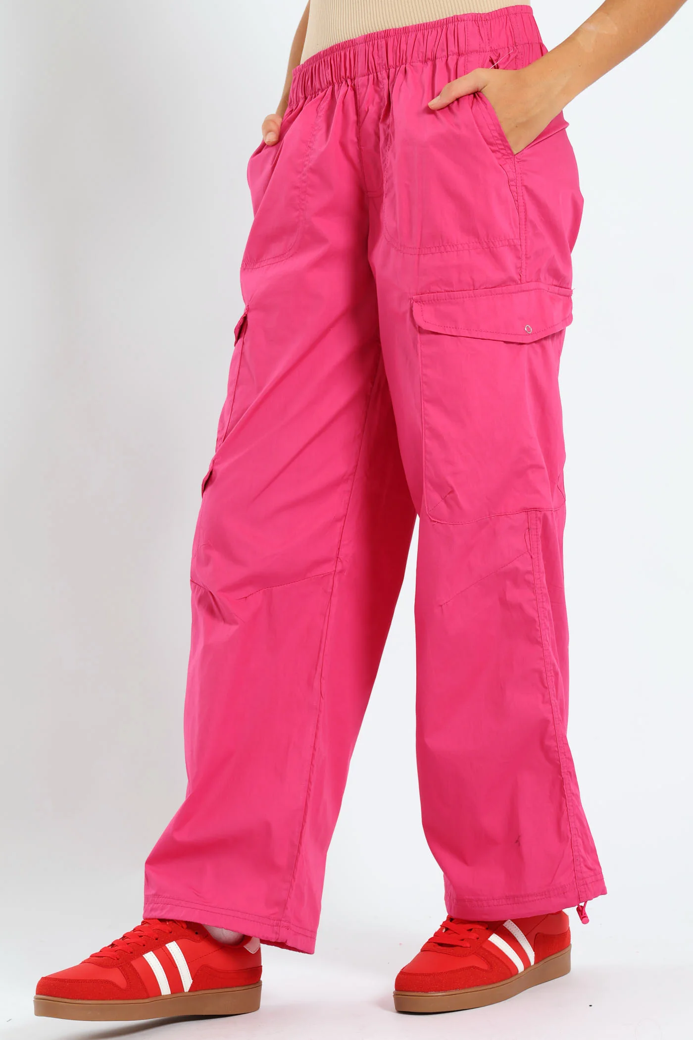 Girls Multi Pocket Parachute Pants - Cerise - Image 3