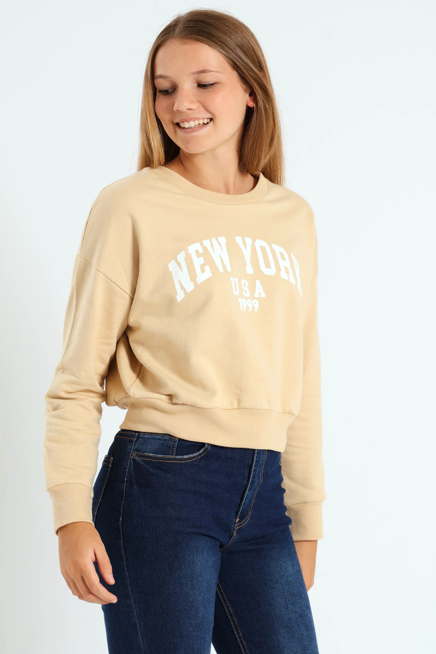 Girls New York Fleece Top - Stone - Image 2