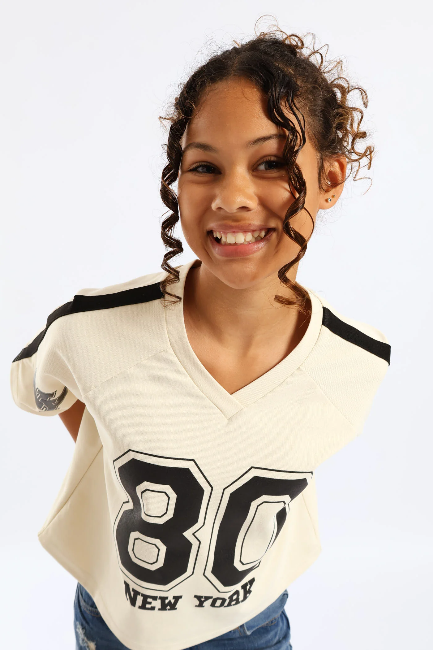 Girls New York Oversized Dropped Shoulder Crop Tee - Cream/Black - Image 2
