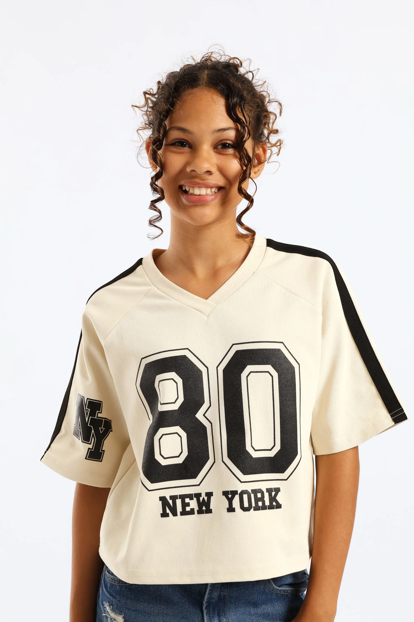 Girls New York Oversized Dropped Shoulder Crop Tee - Cream/Black - Image 3