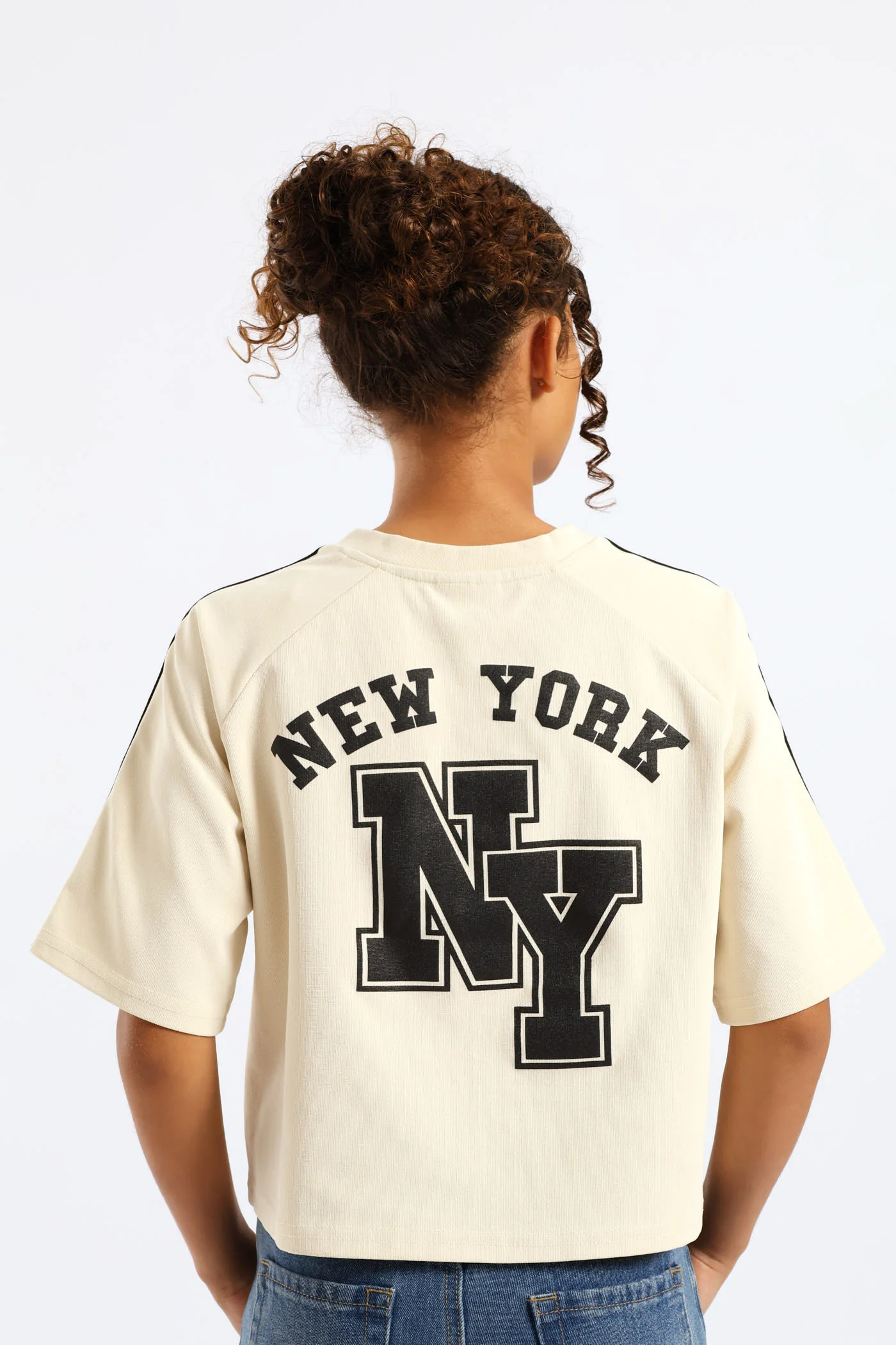 Girls New York Oversized Dropped Shoulder Crop Tee - Cream/Black - Image 5