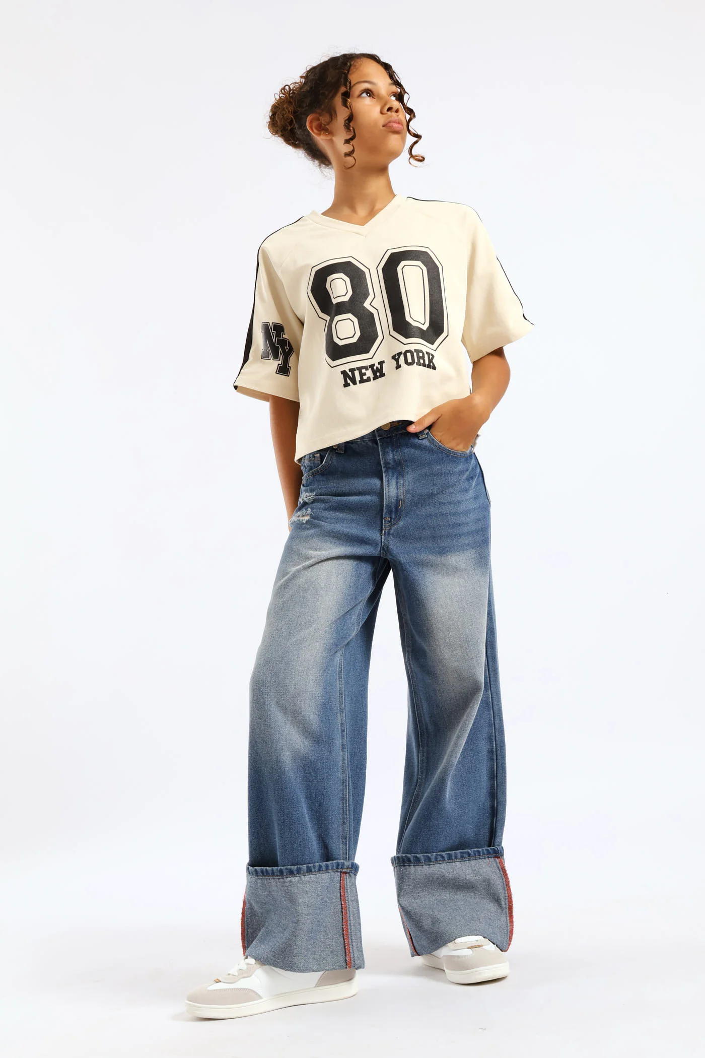 Girls New York Oversized Dropped Shoulder Crop Tee - Cream/Black - Image 6